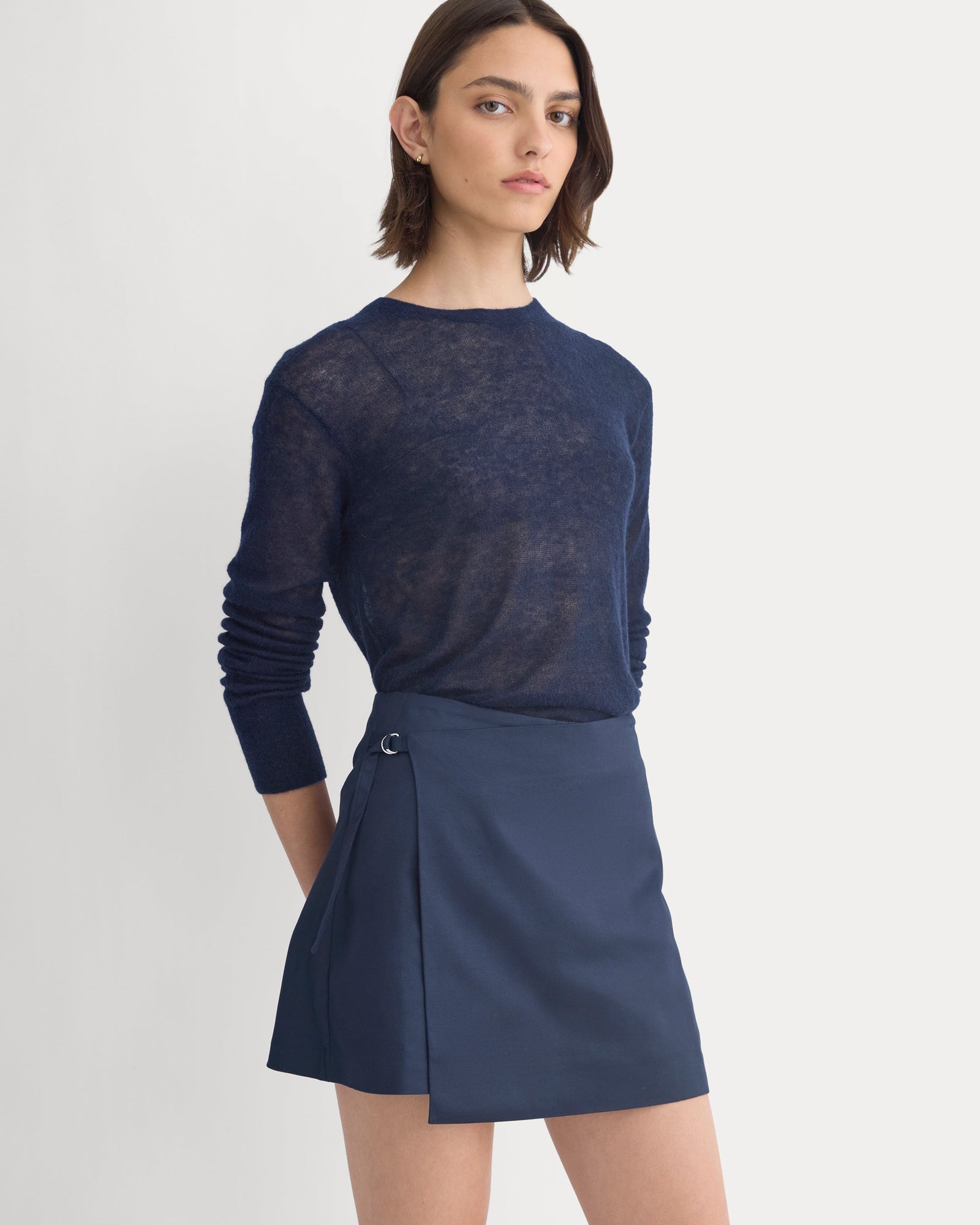 Tailored Drape Mini Skort in Navy — detail view