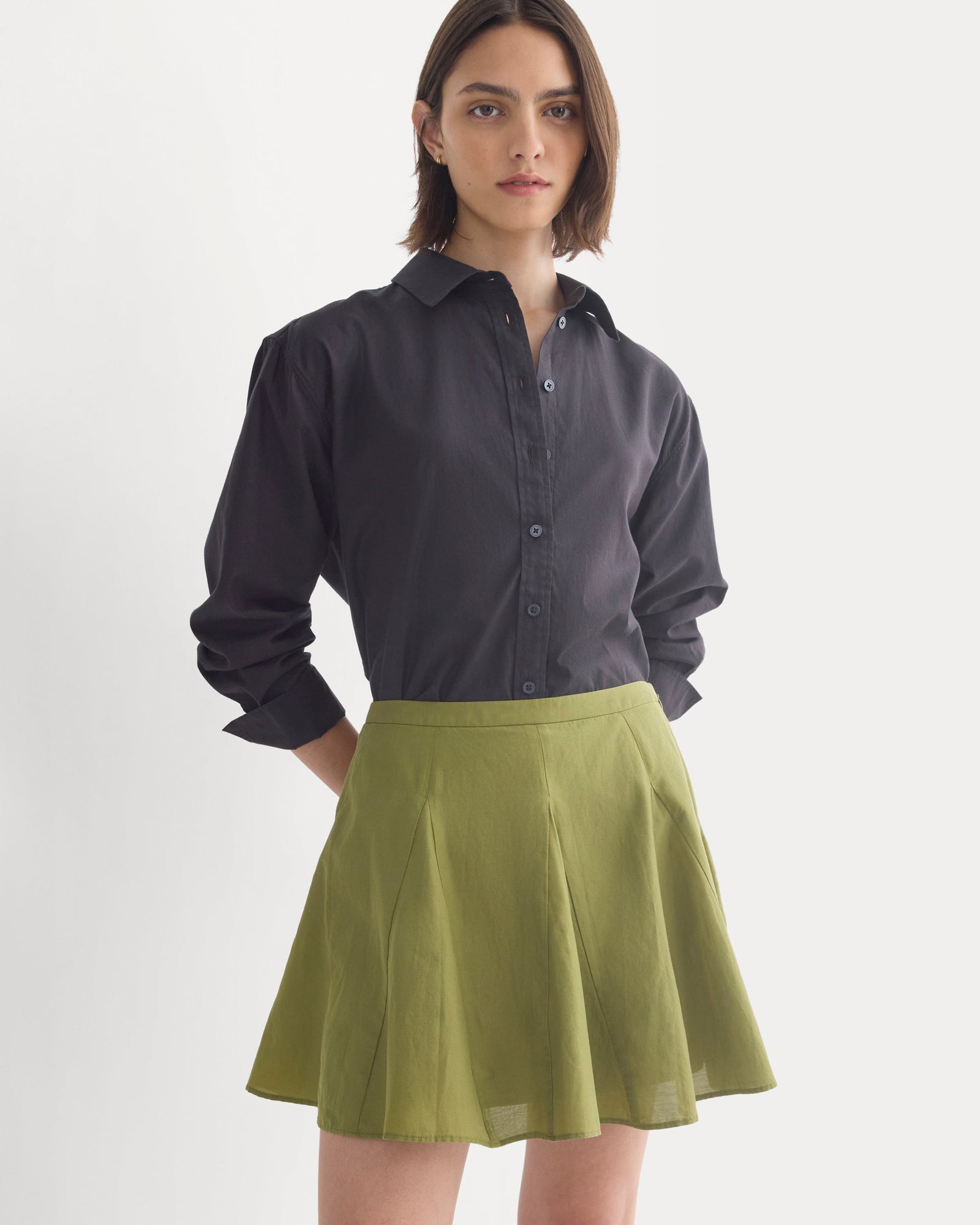 Godet Mini Skirt in Cotton Silk in Mayfly — detail view