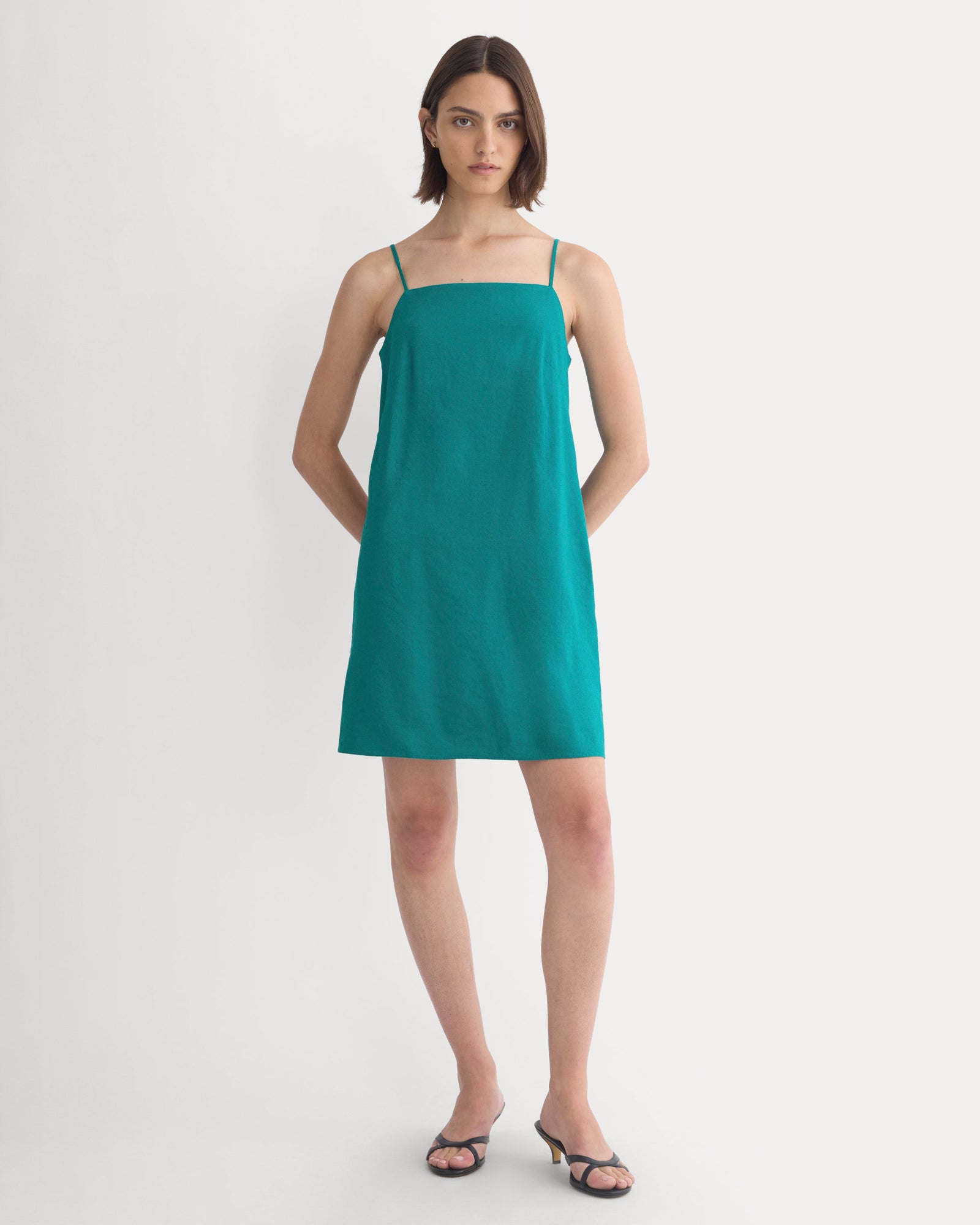 Mini Shift Dress in Stretch Linen in Everglade — front view
