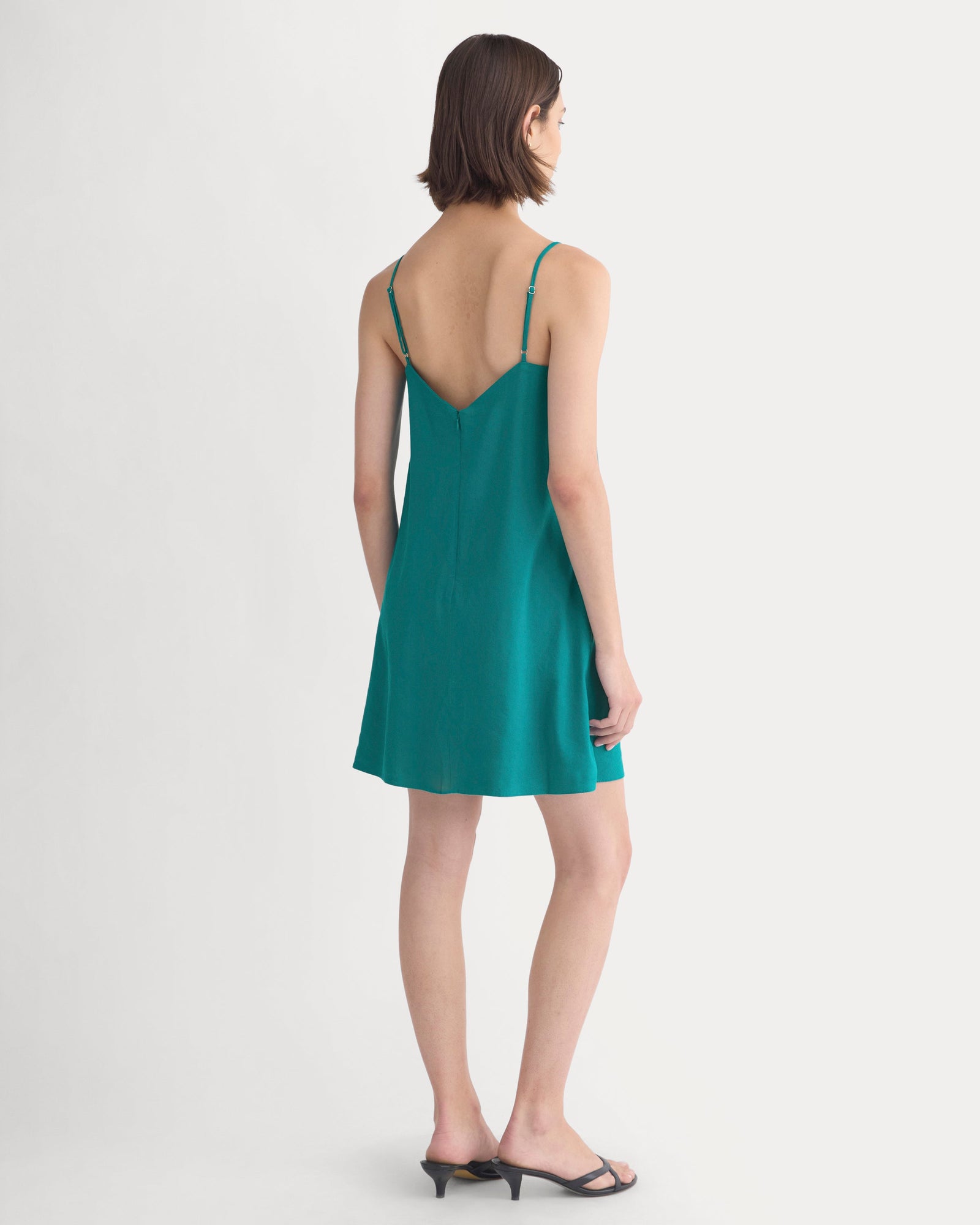 Mini Shift Dress in Stretch Linen in Everglade — detail view