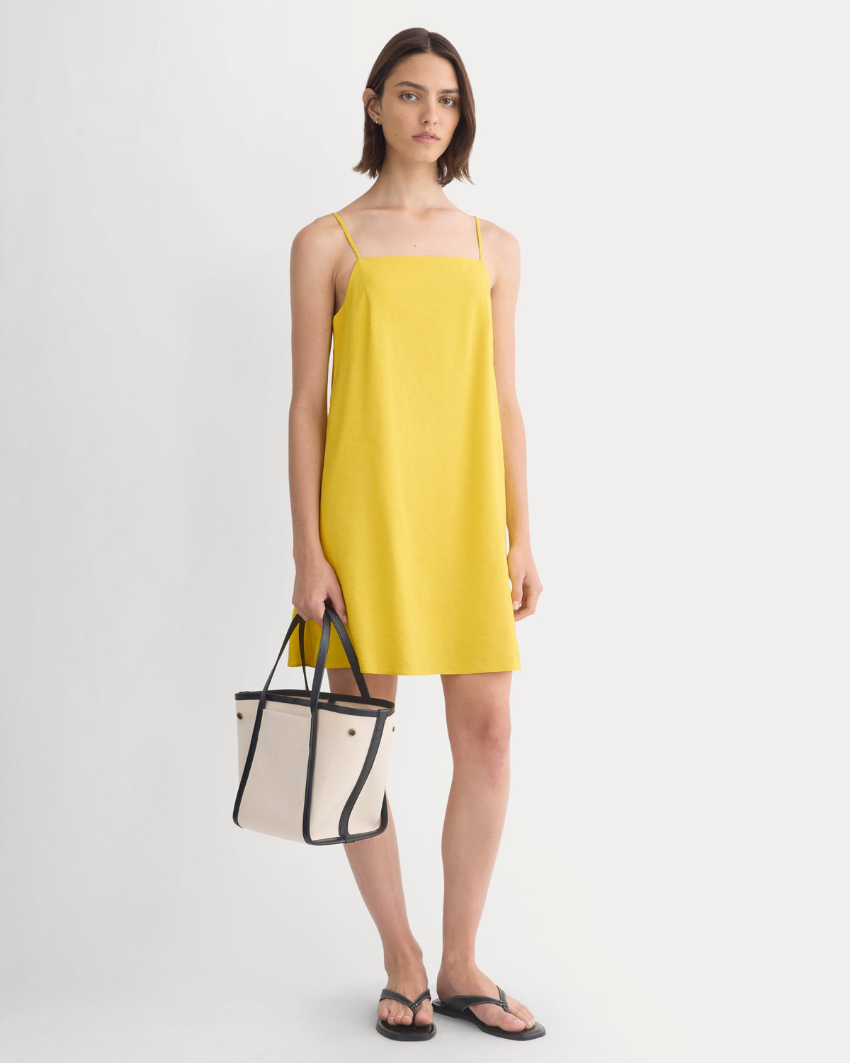 Mini Shift Dress in Stretch Linen in Passion Fruit — front view