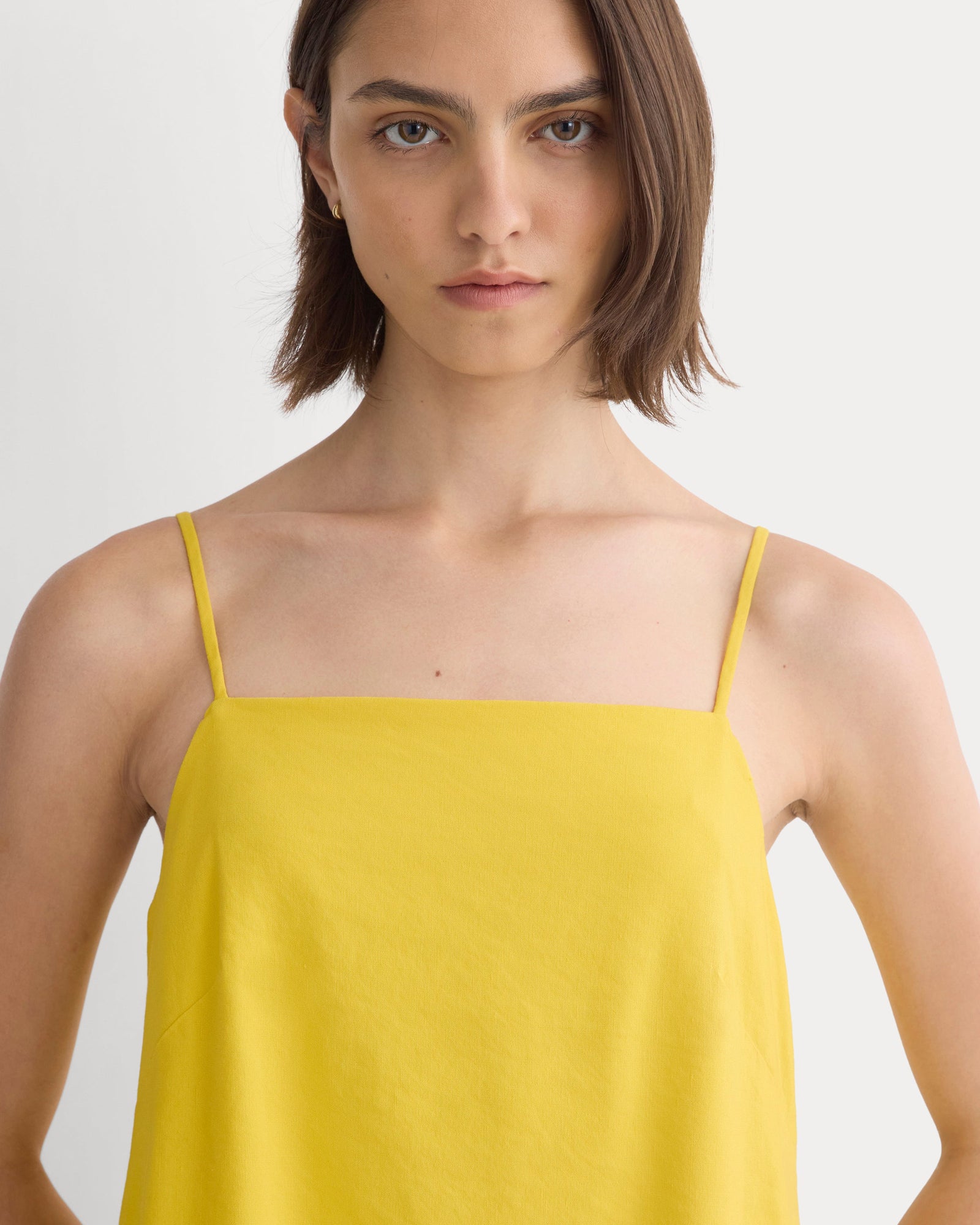 Mini Shift Dress in Stretch Linen in Passion Fruit — detail view
