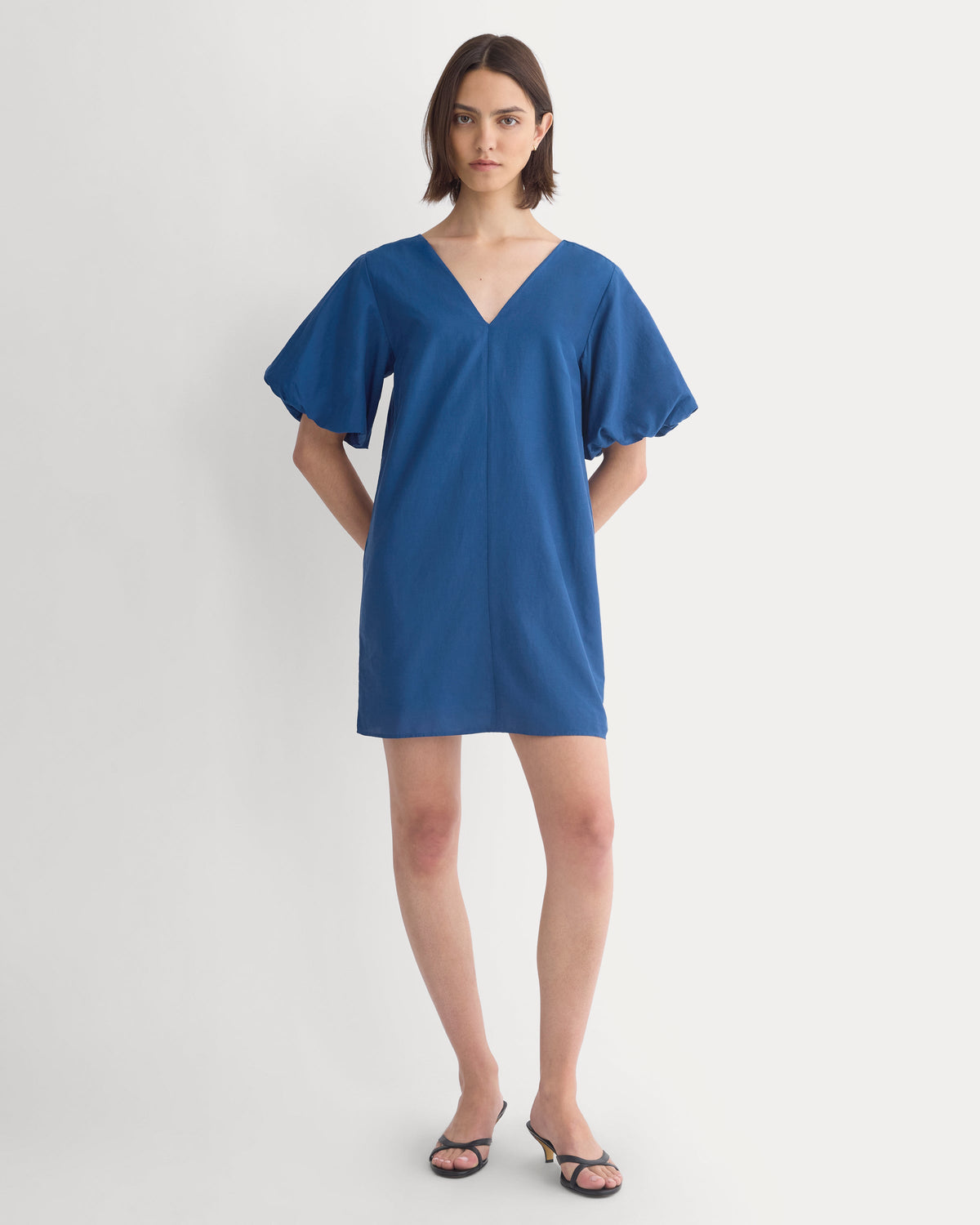 Bubble-Sleeve Mini Dress in Cotton Silk Voile in Estate Blue — front view