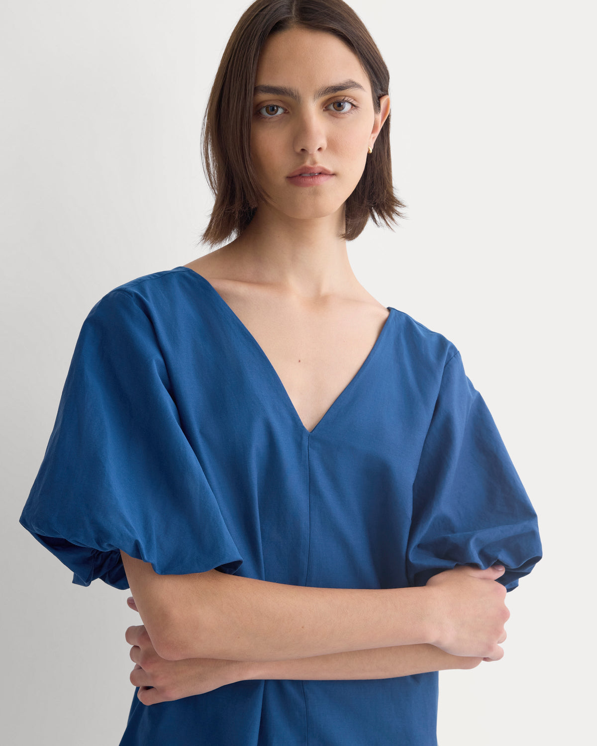 Bubble-Sleeve Mini Dress in Cotton Silk Voile in Estate Blue — detail view