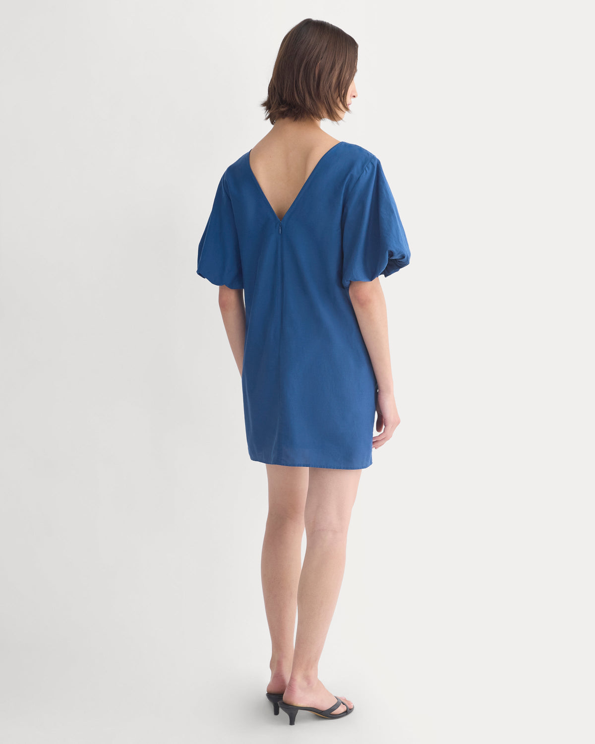 Bubble-Sleeve Mini Dress in Cotton Silk Voile in Estate Blue — detail view