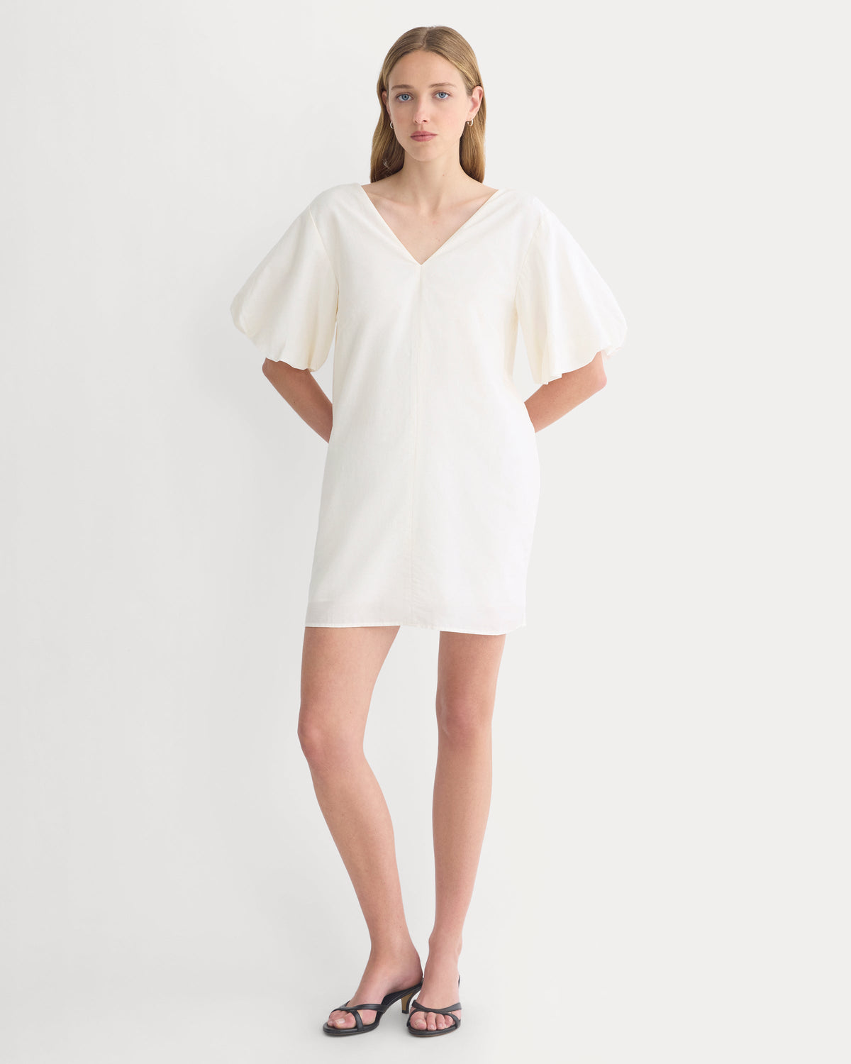 Bubble-Sleeve Mini Dress in Cotton Silk Voile in Bone — front view