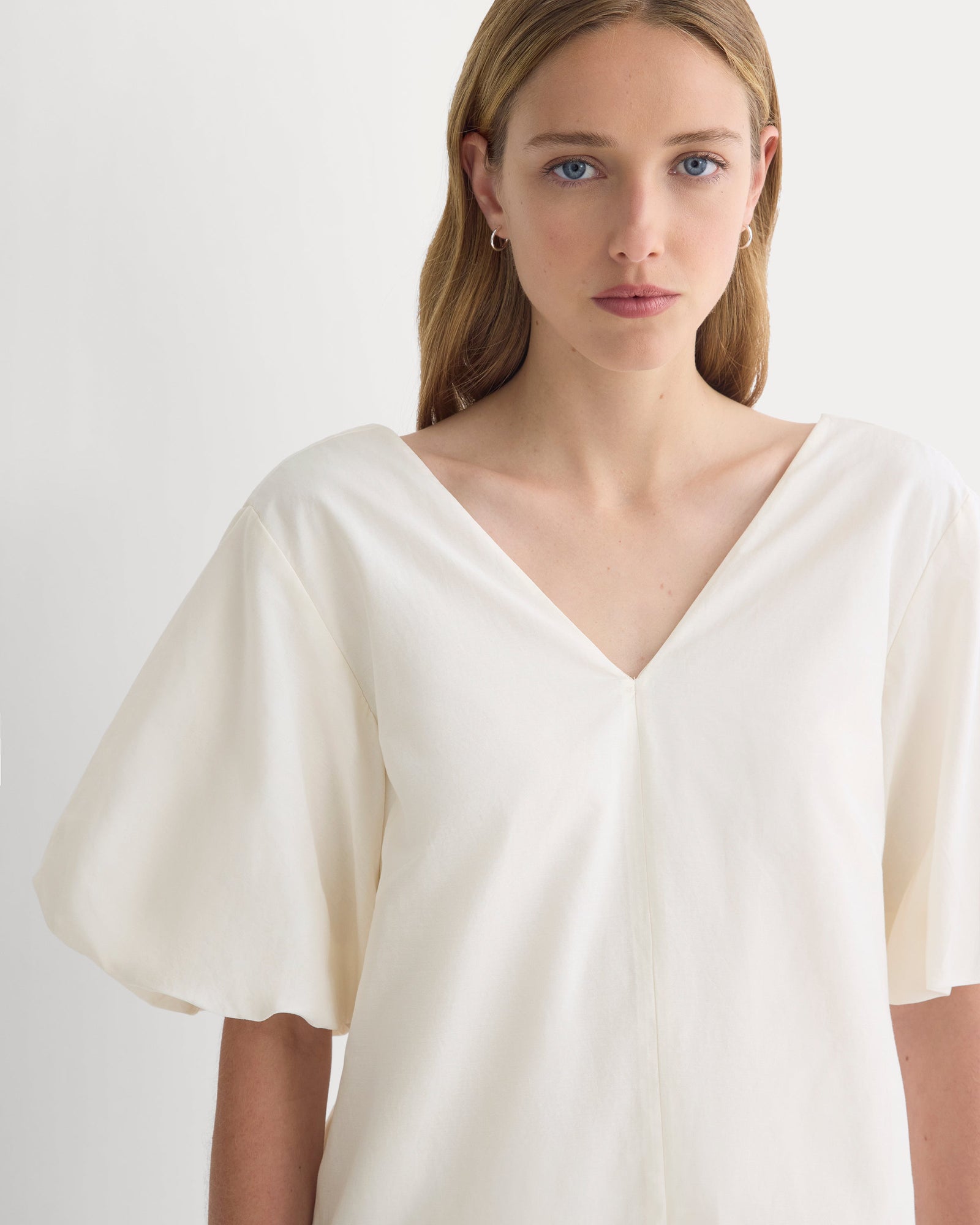 Bubble-Sleeve Mini Dress in Cotton Silk Voile in Bone — detail view