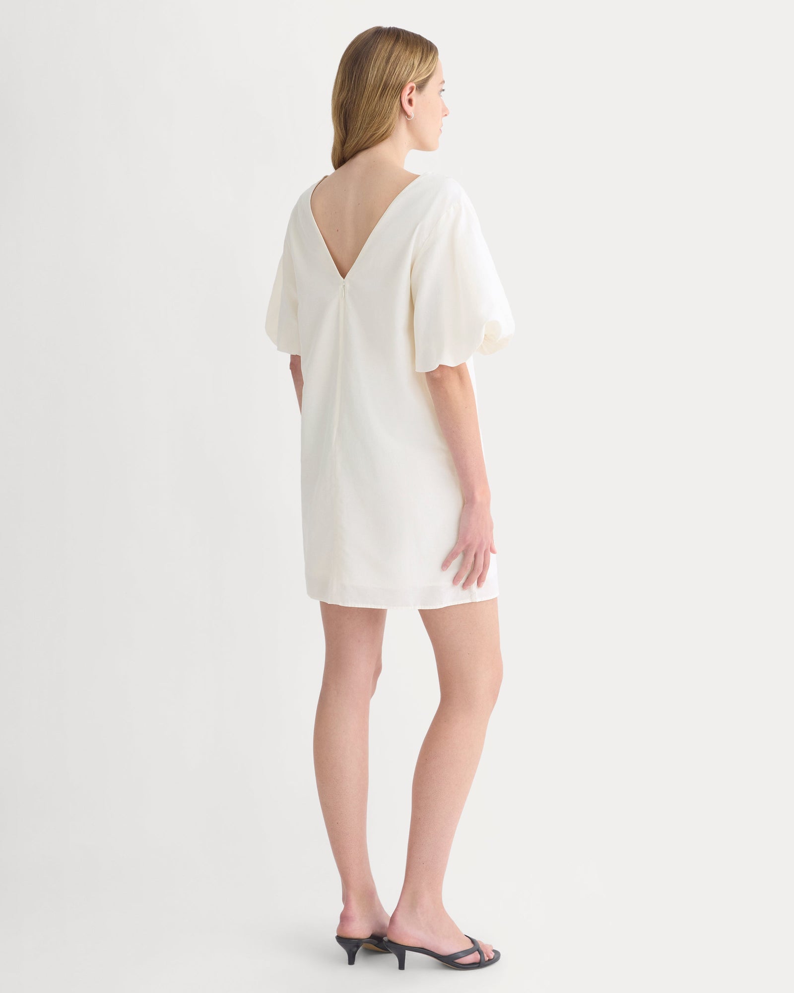Bubble-Sleeve Mini Dress in Cotton Silk Voile in Bone — detail view