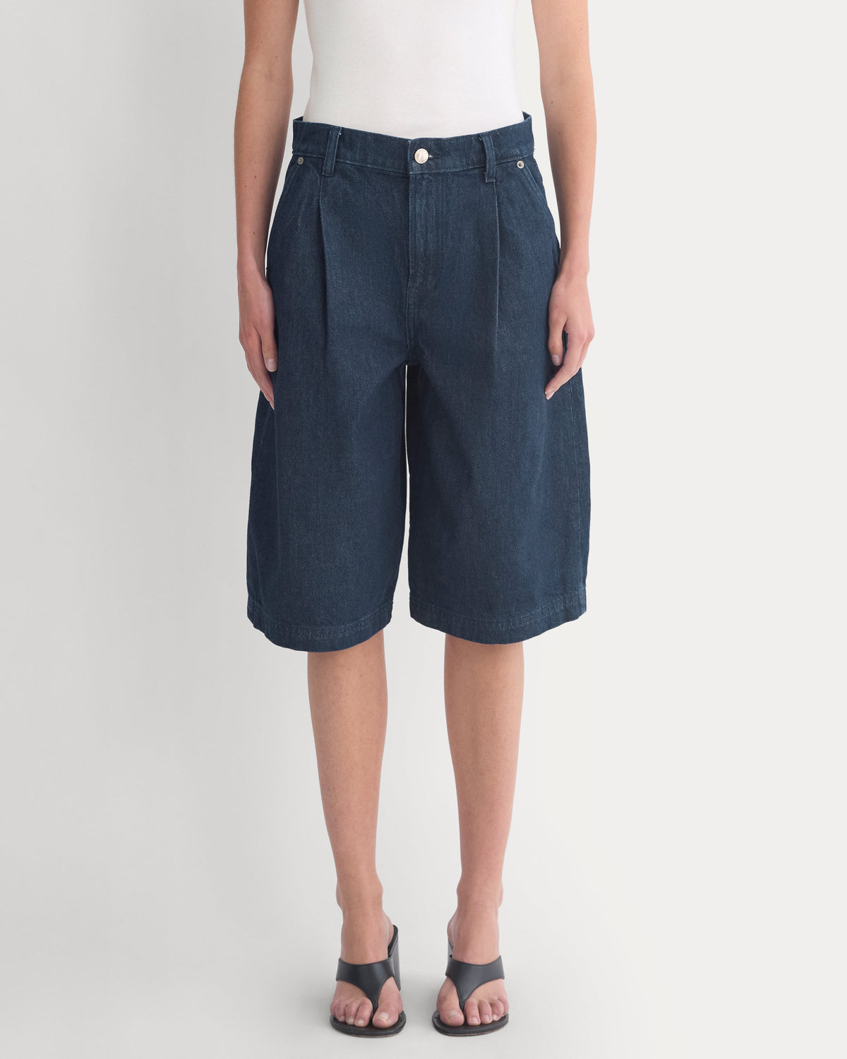 High-Rise Pleated Culotte in Dark Rinse — detail view