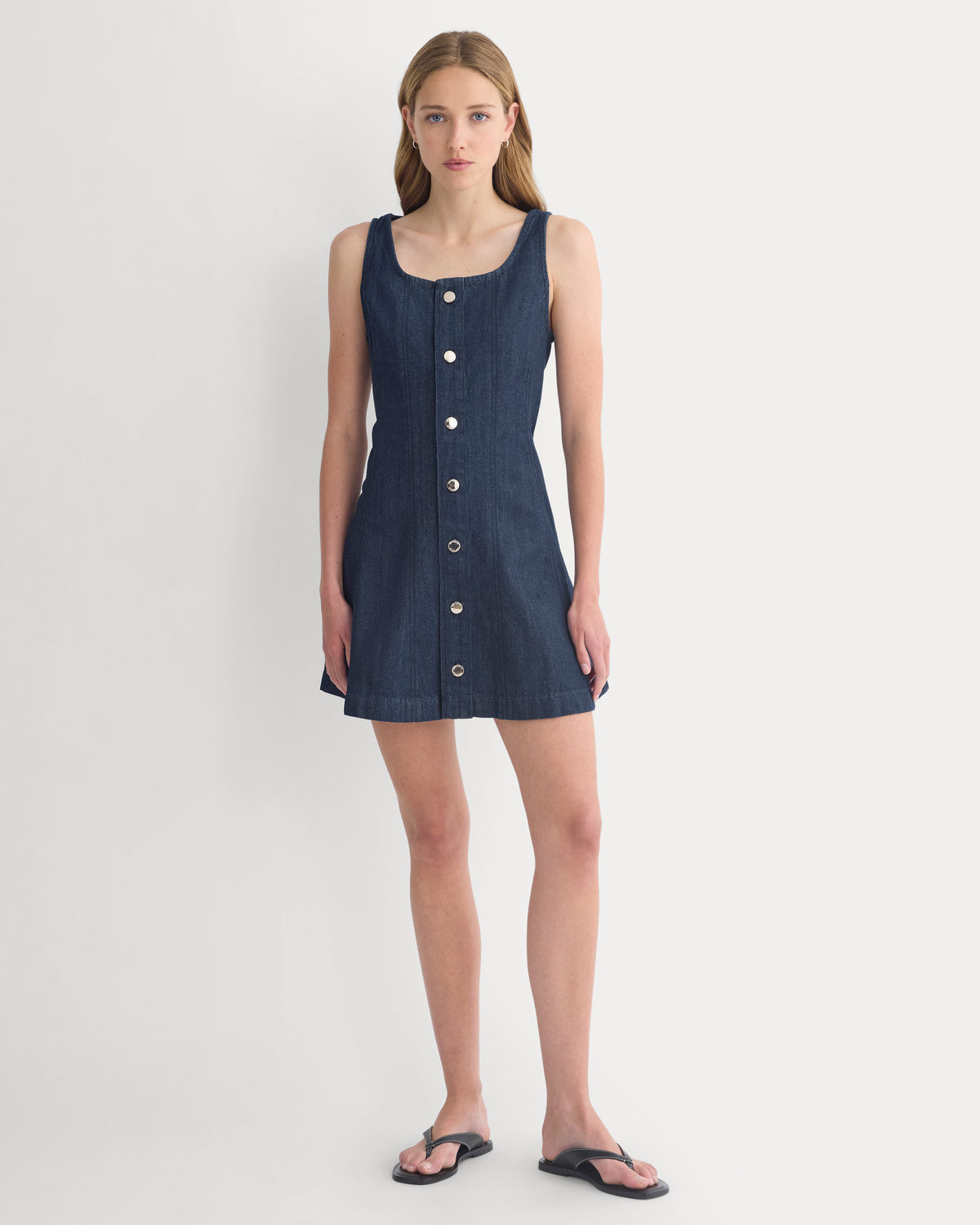 Denim Button-Front Mini Dress in Dark Indigo — front view