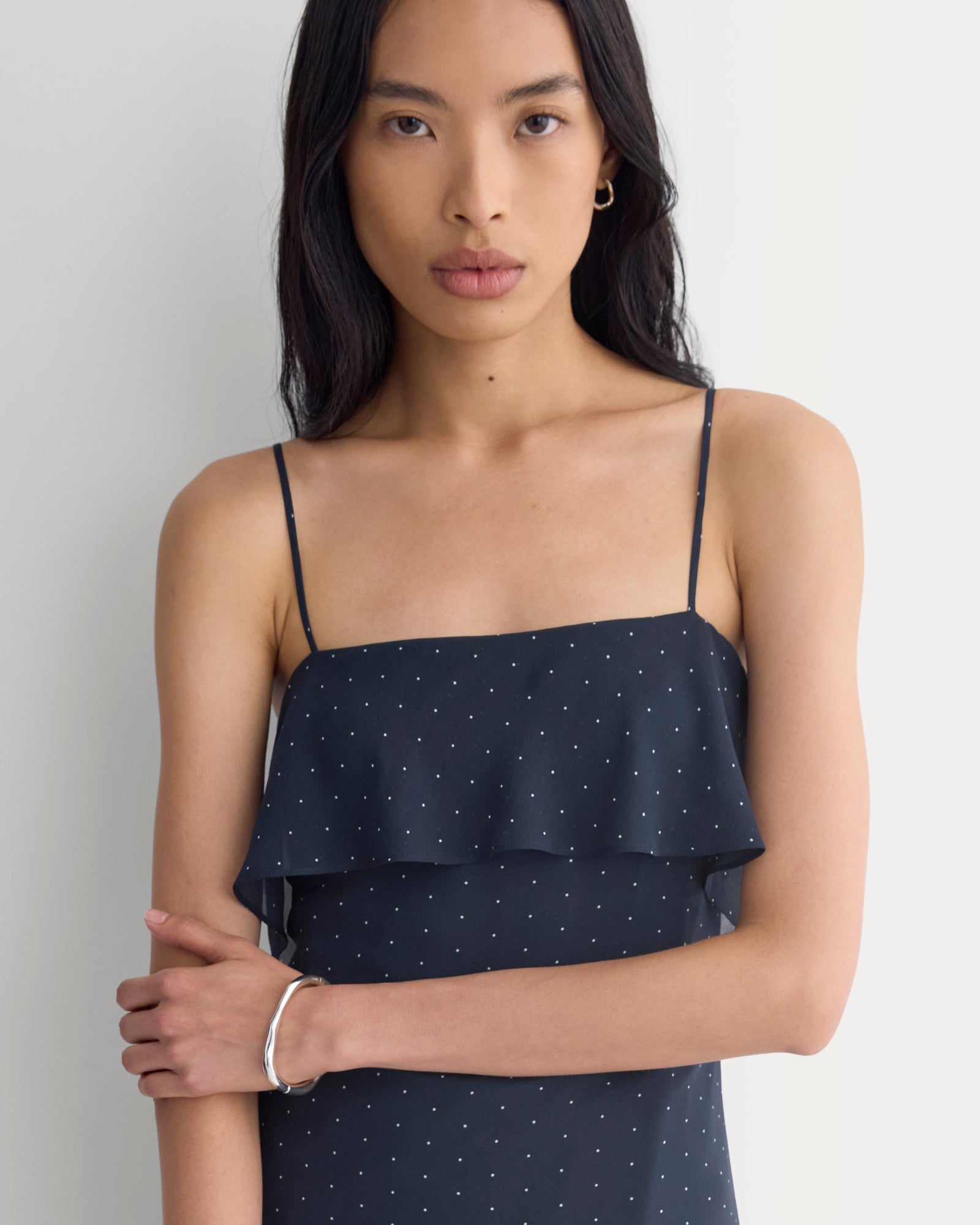 Scarf-Tie Mini Dress in Silk Georgette in Men's Navy/Birch — detail view