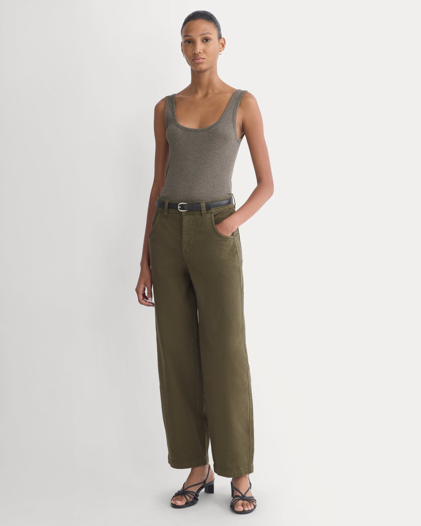Utility Twill Barrel Pant in Olive Night — front view