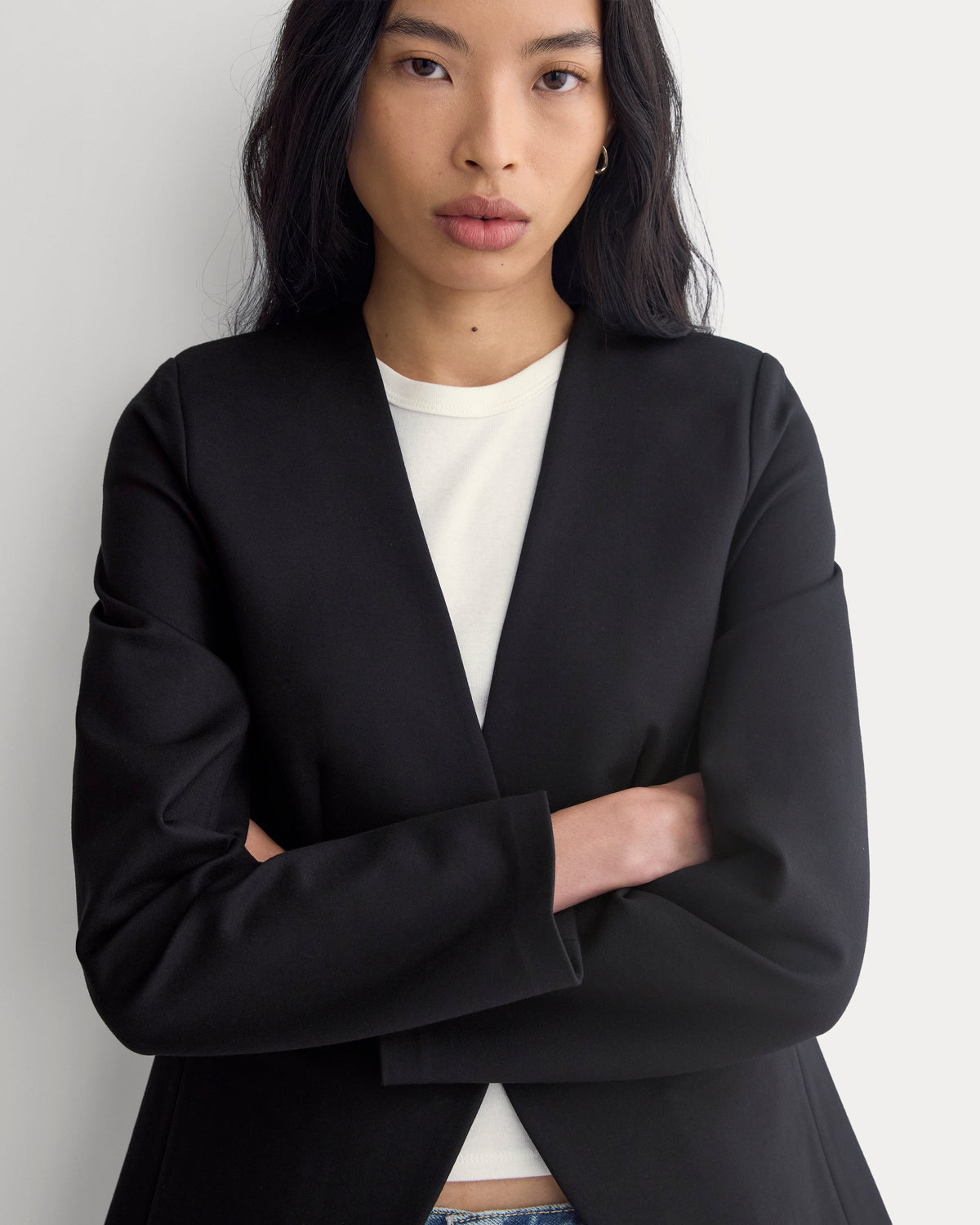 Collarless Ponte Blazer in Black — front view