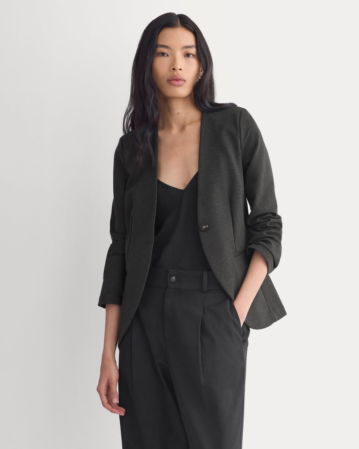Collarless Ponte Blazer in Heathered Soot — front view