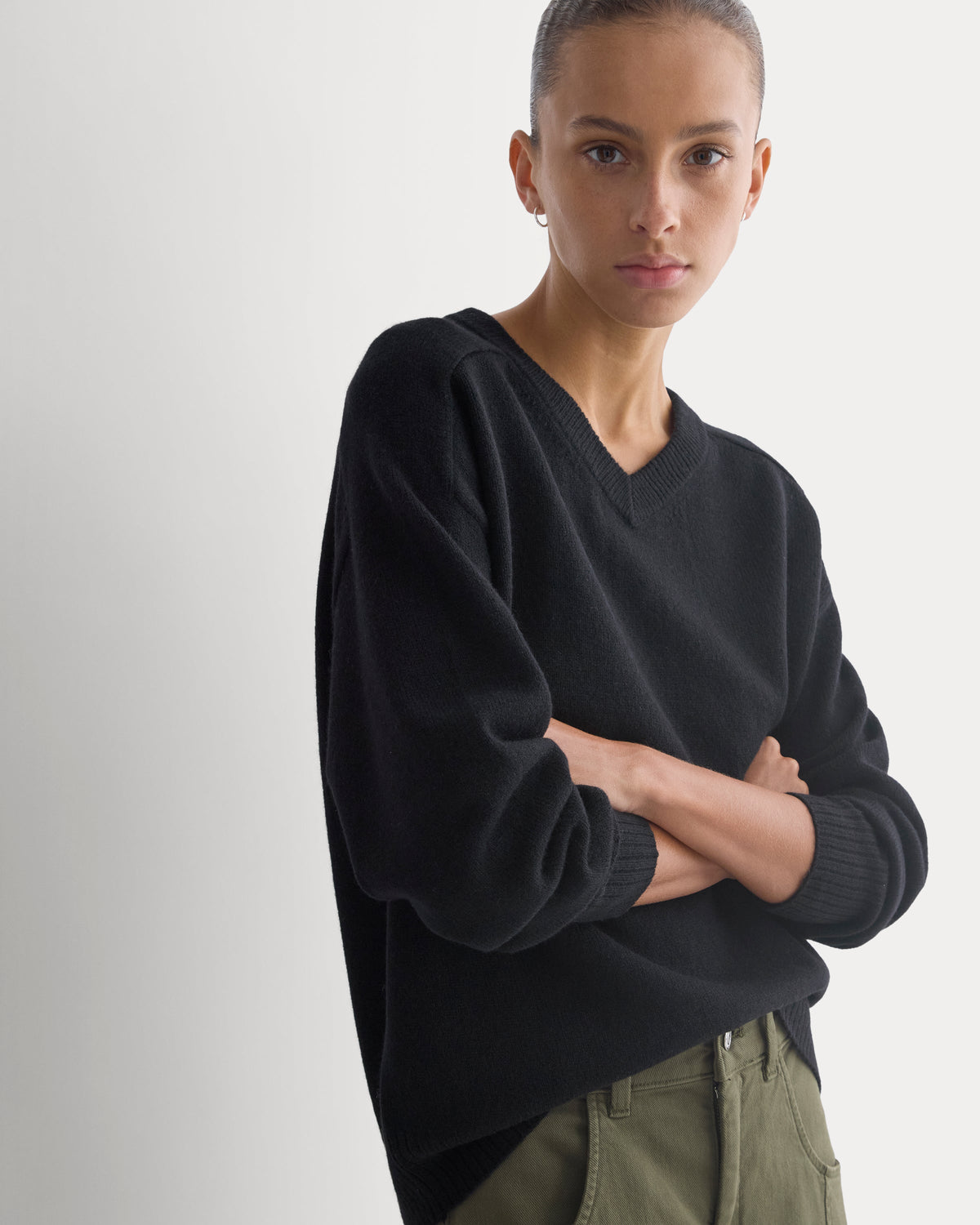 Cashmere High V Boyfriend Sweater in Black — front view