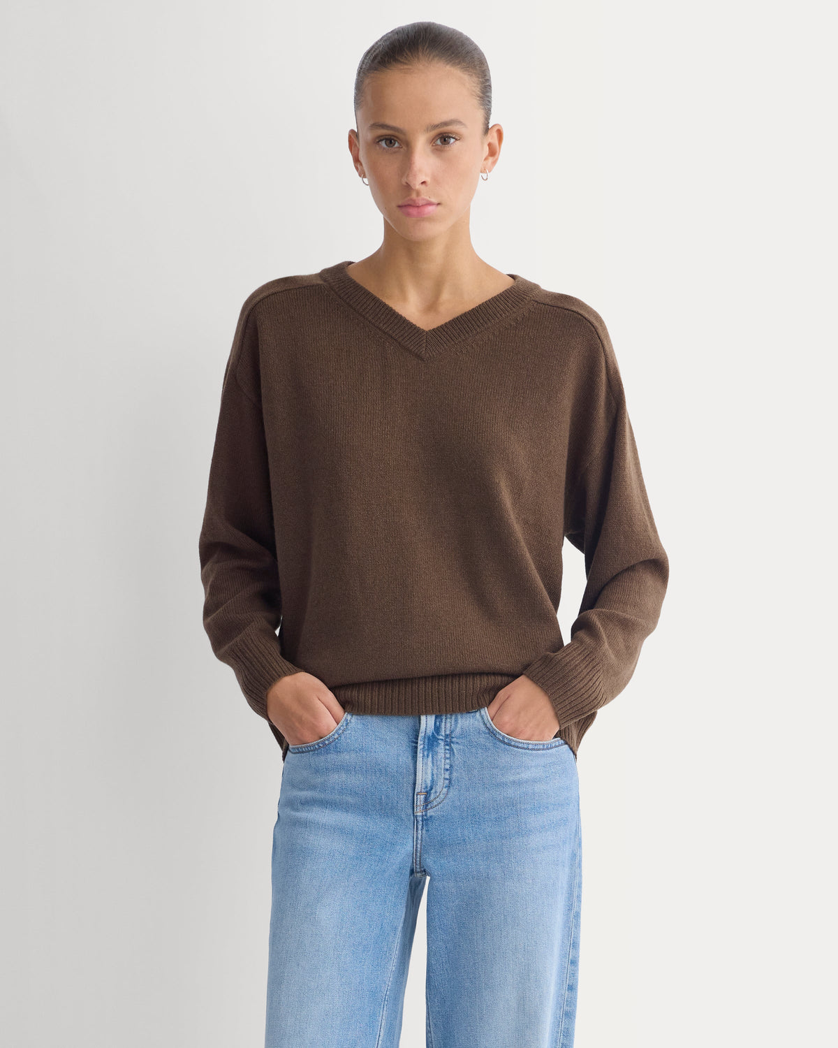Cashmere High V Boyfriend Sweater in Cocoa — front view