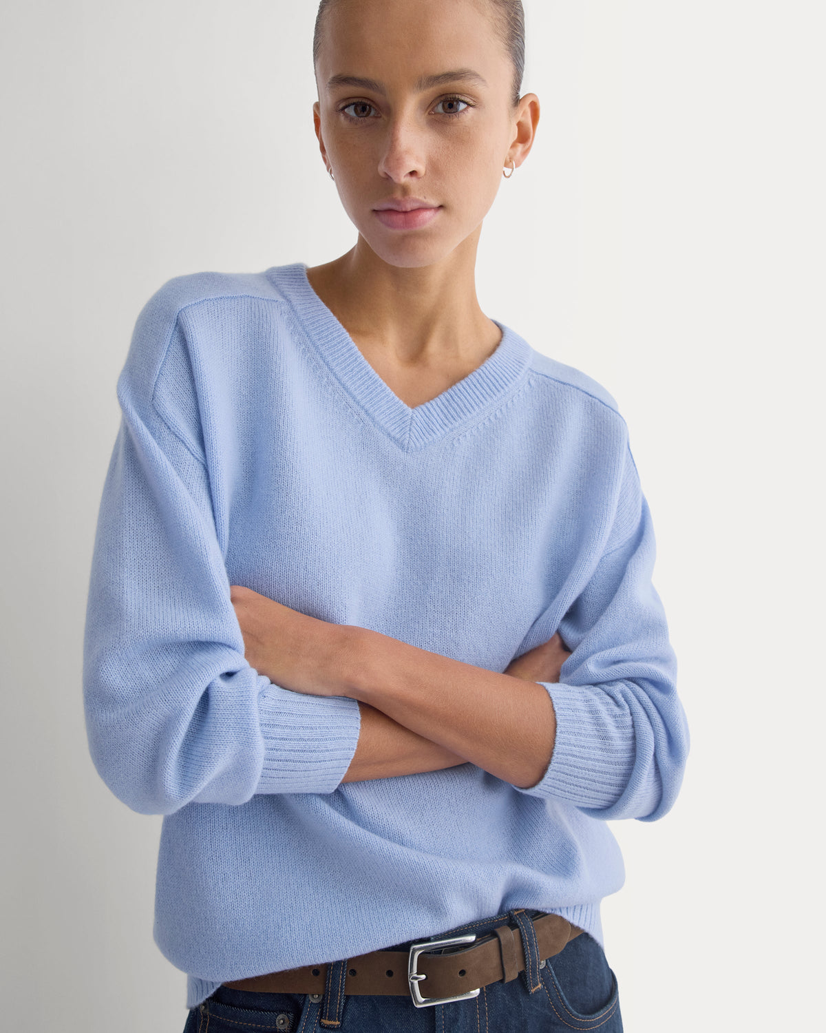 Cashmere High V Boyfriend Sweater in Blue — front view