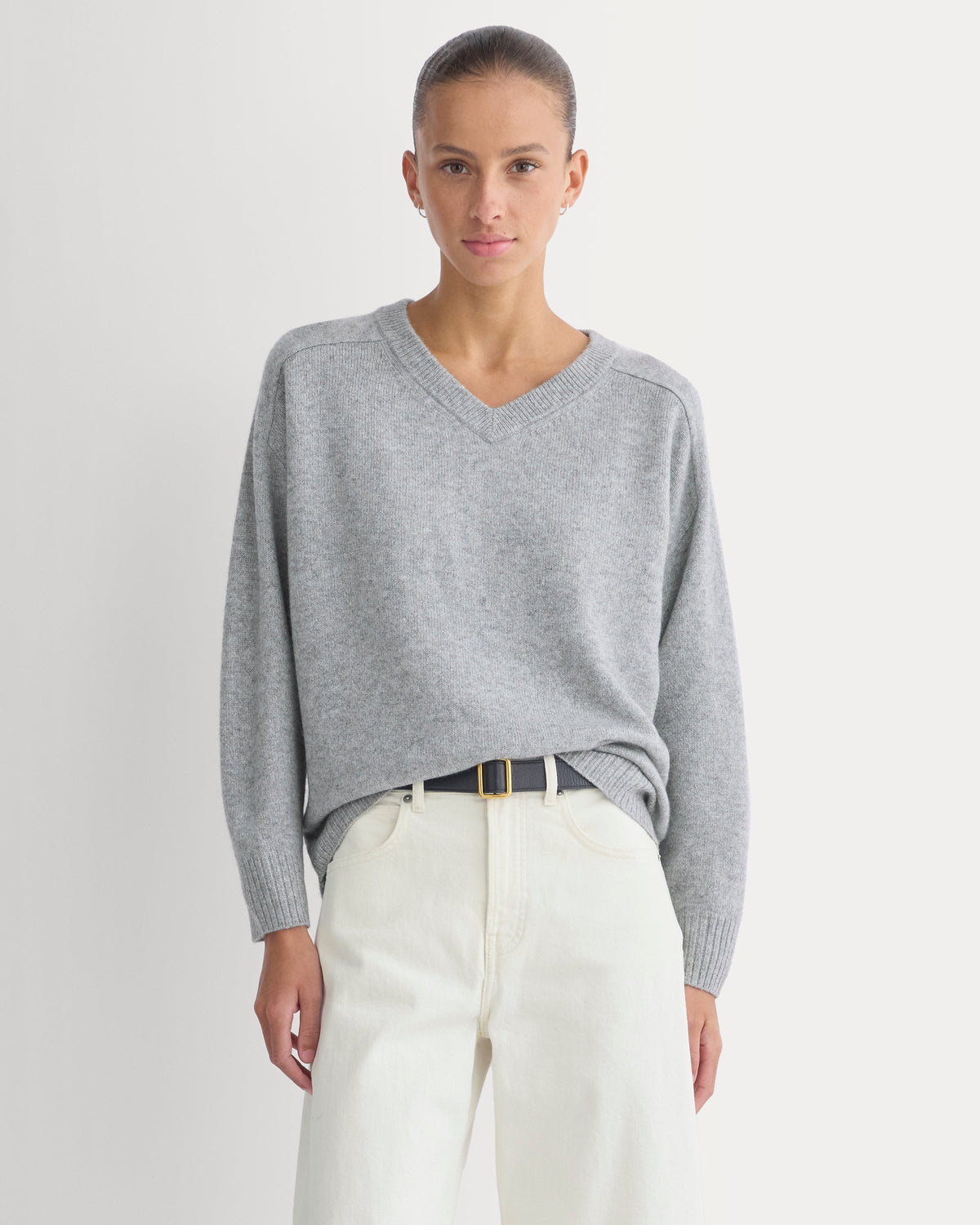 Cashmere High V Boyfriend Sweater in Grey — detail view