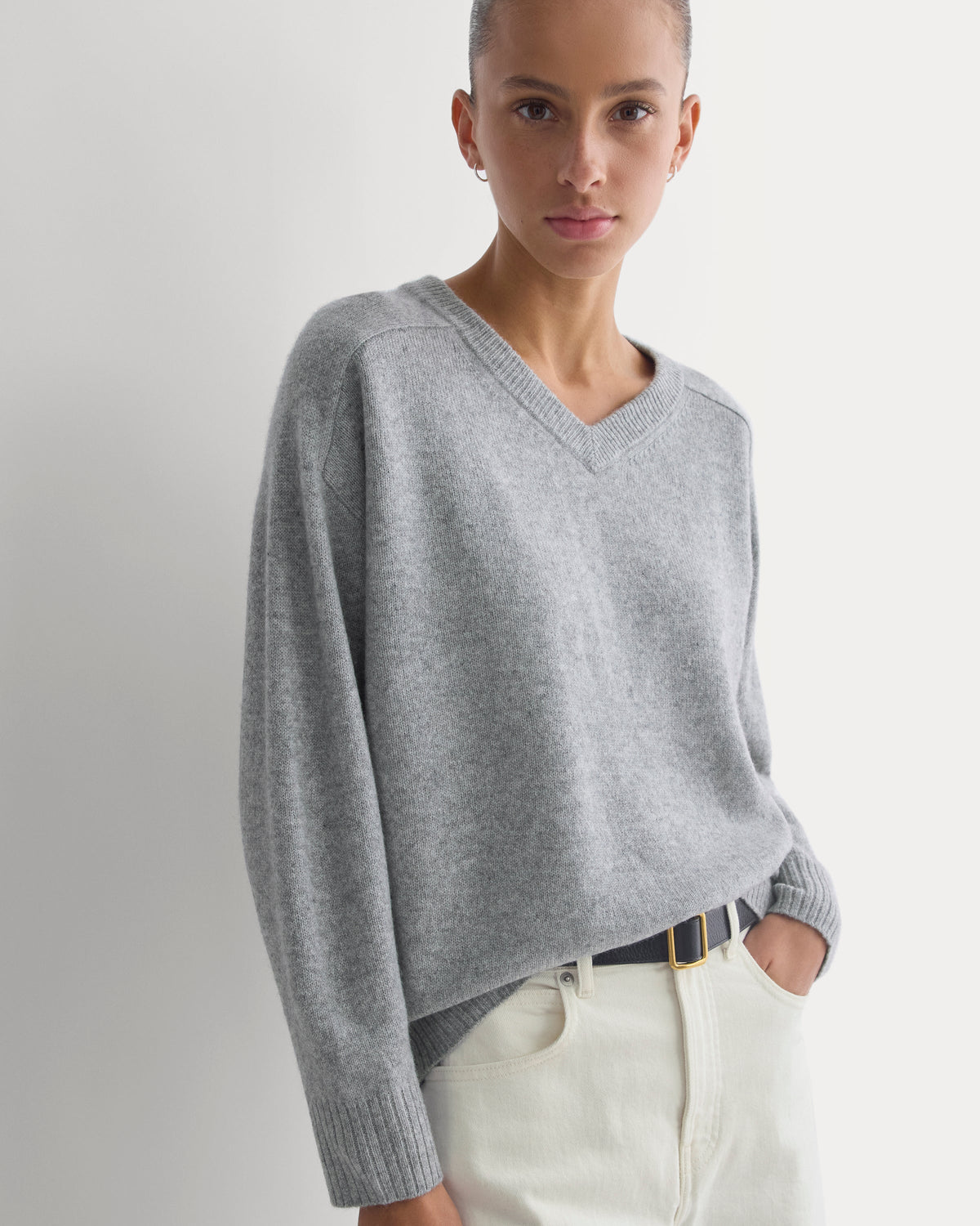 Cashmere High V Boyfriend Sweater in Grey — front view