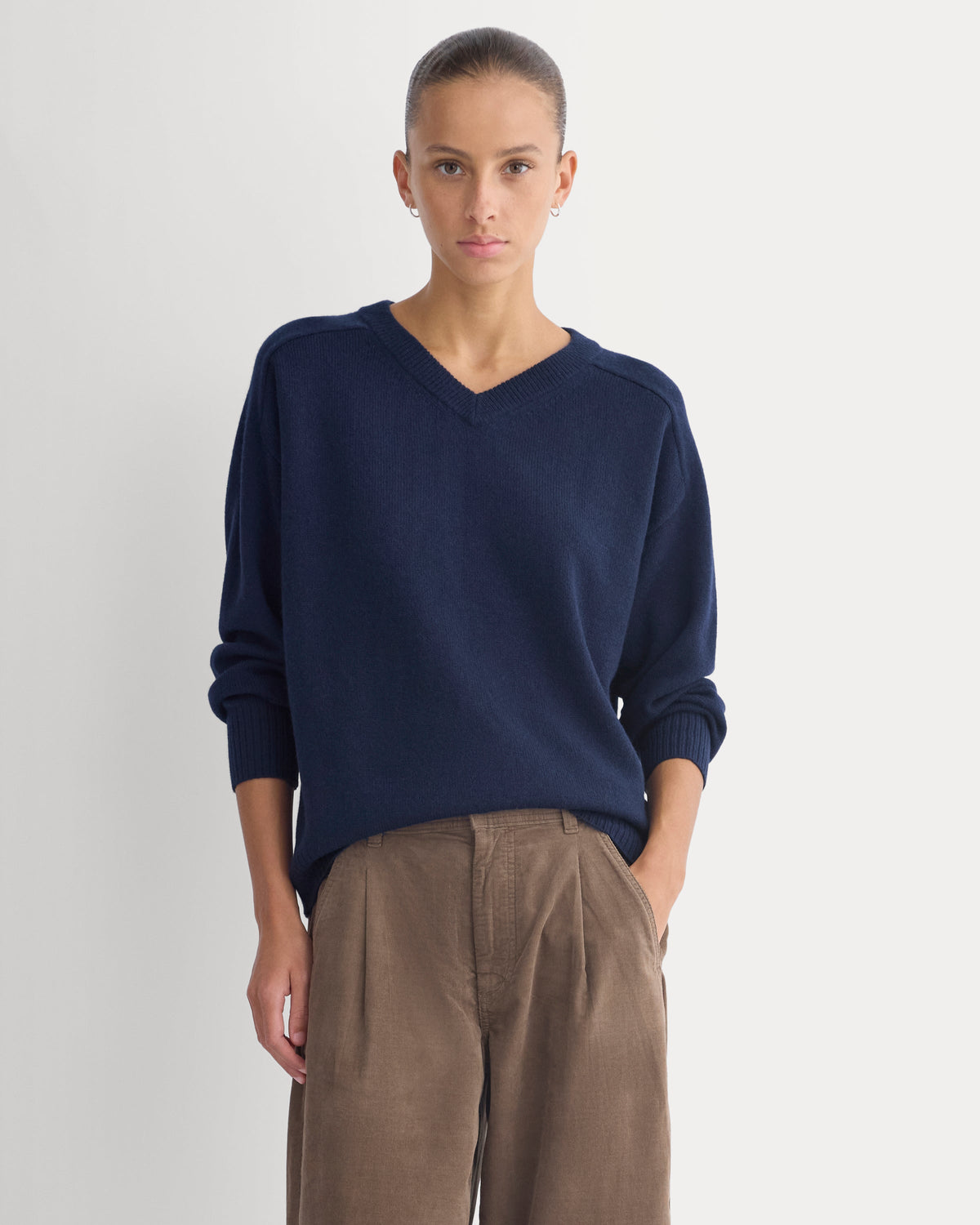 Cashmere High V Boyfriend Sweater in Navy — front view