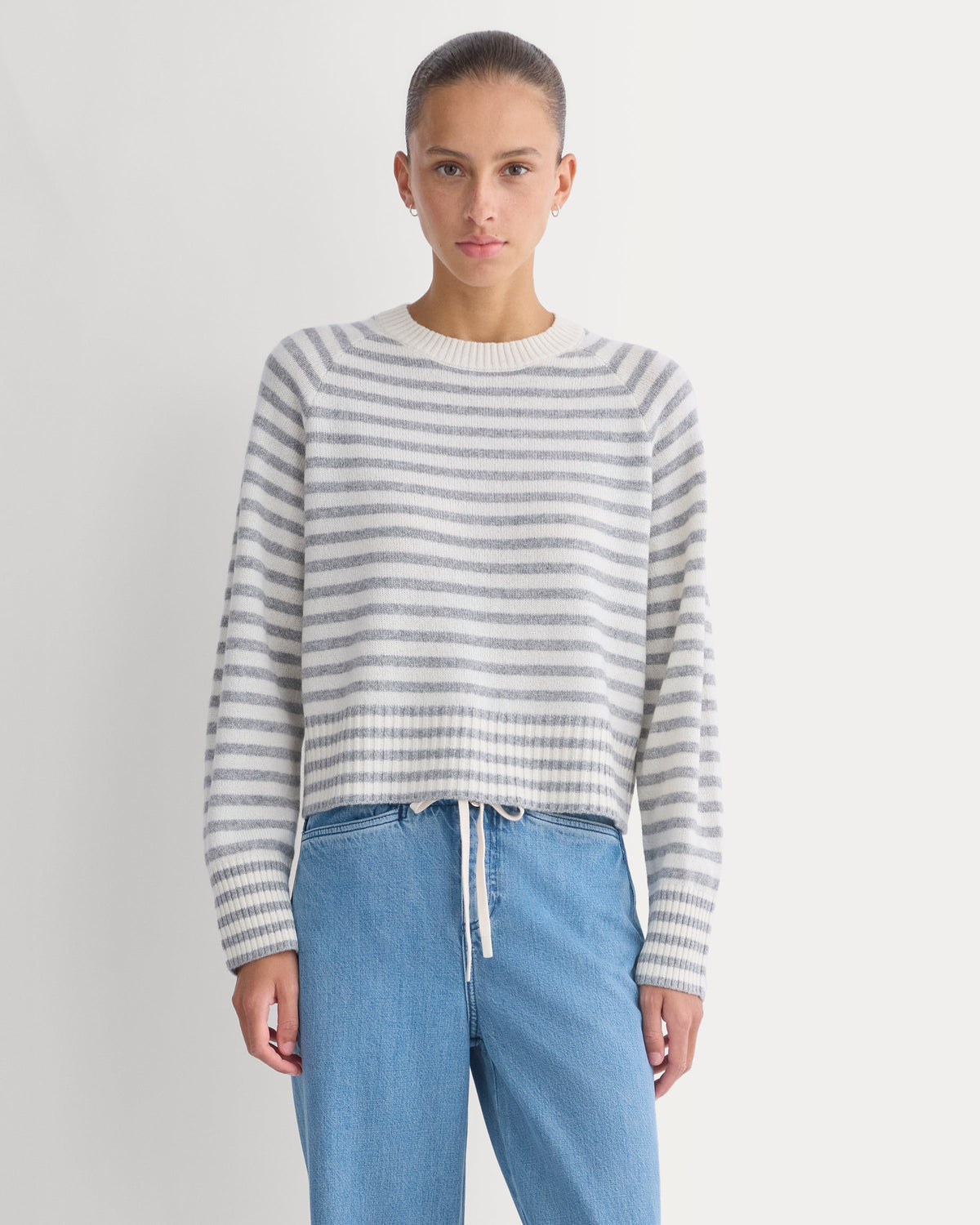 The Boxy Crew in Cashmere in Grey Stripe — detail view