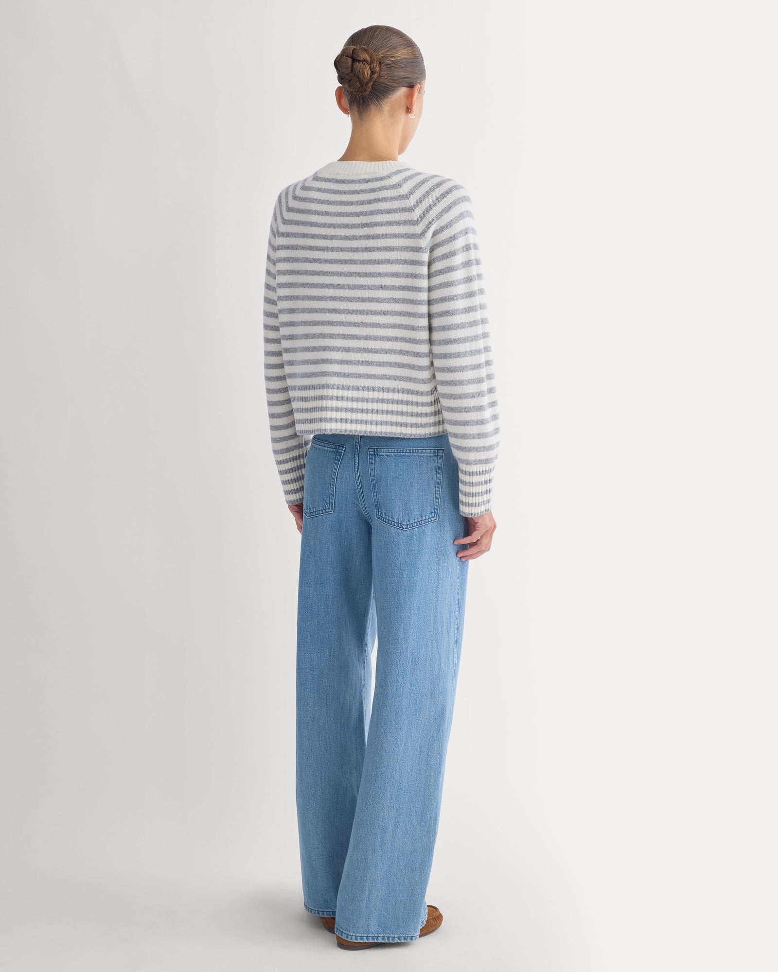 The Boxy Crew in Cashmere in Grey Stripe — detail view