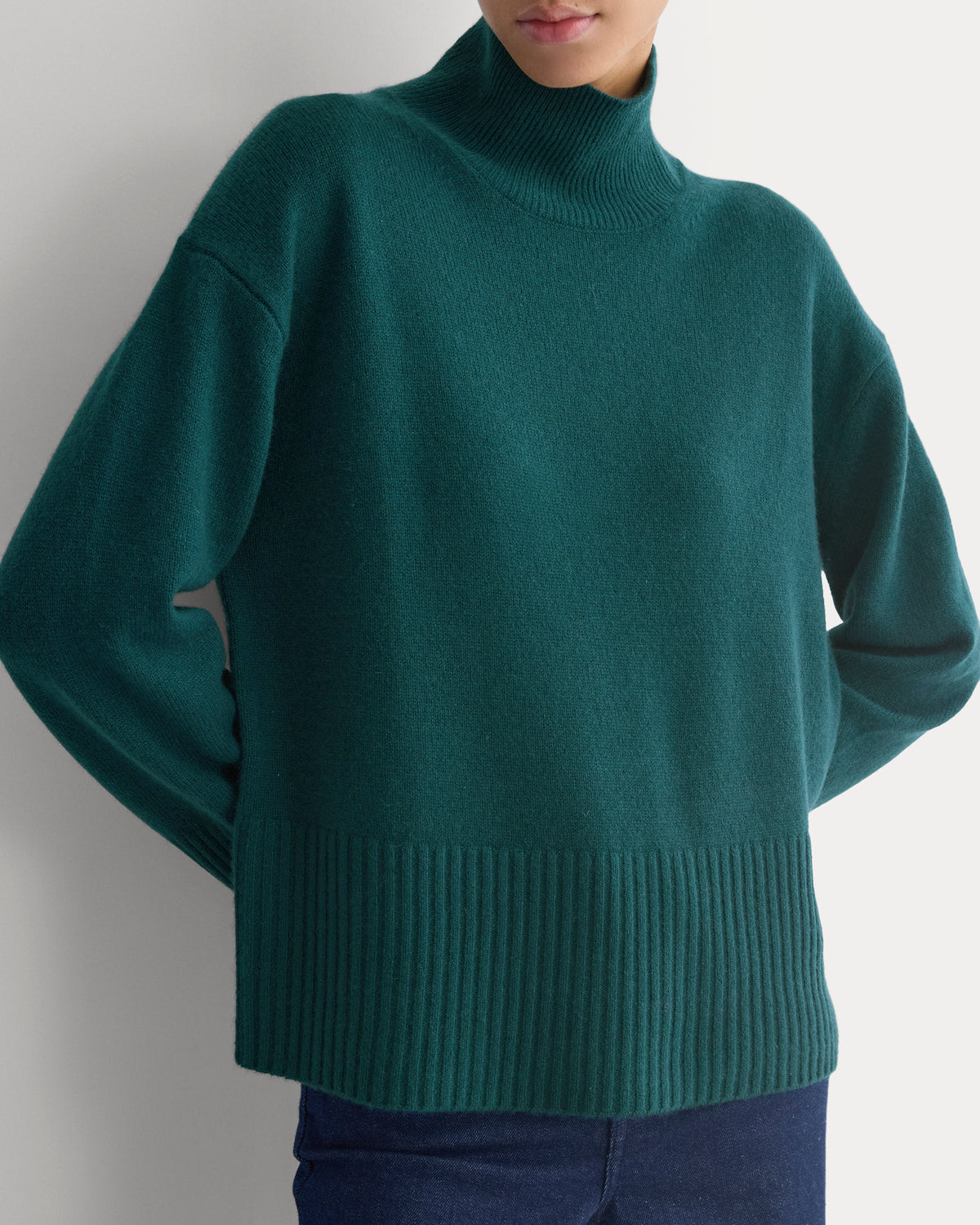 The Boxy Turtleneck in Cashmere in Ponderosa Pine — detail view