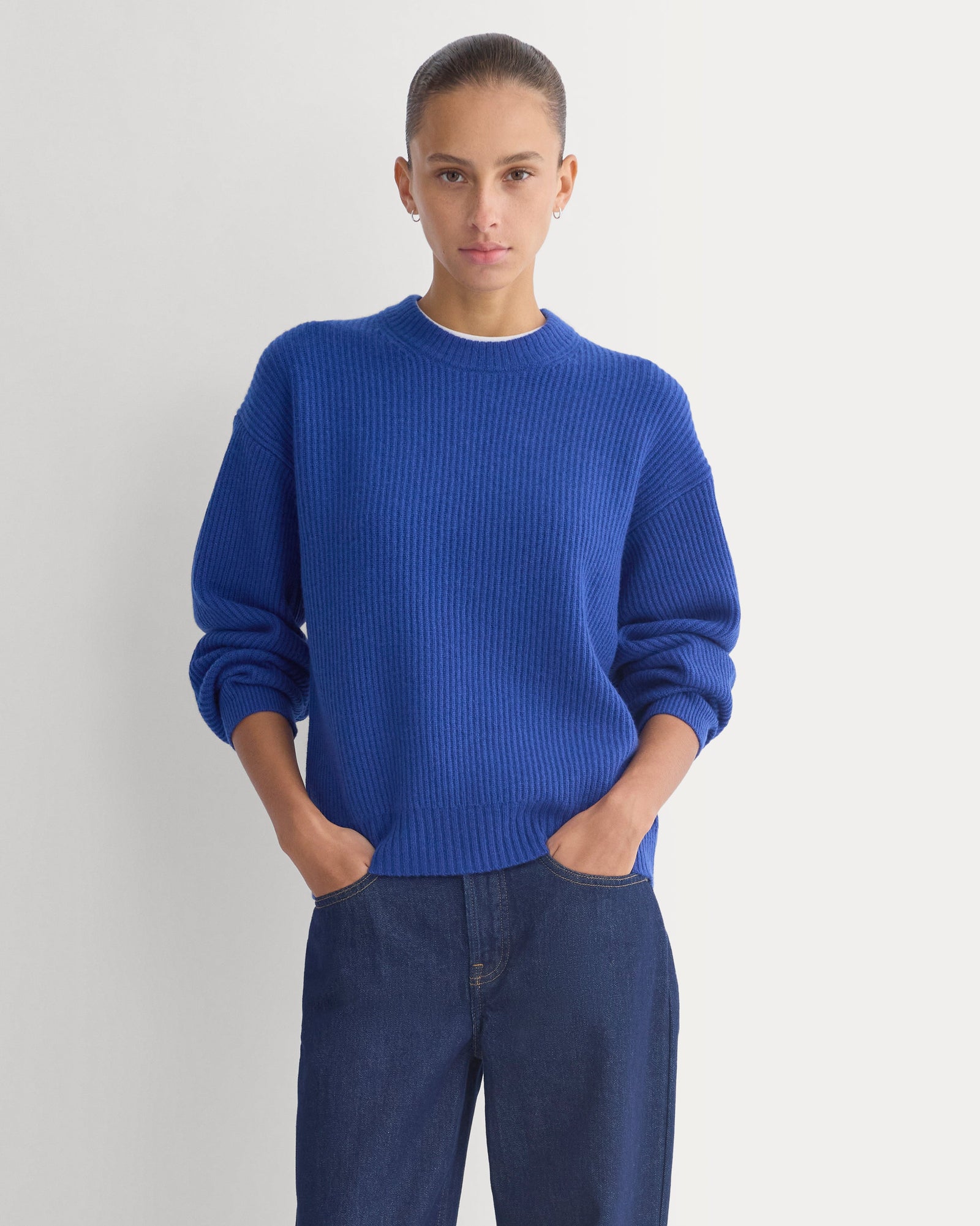Cashmere Fisherman Crew in Klein Blue — front view