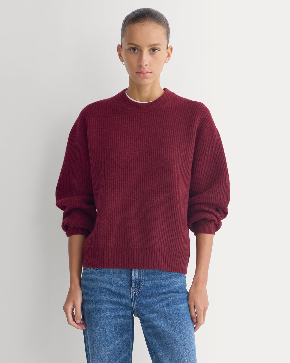 Cashmere Fisherman Crew in Heather Wine — front view