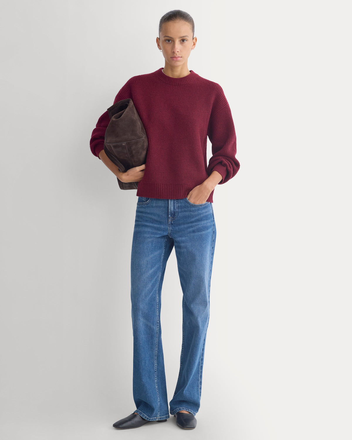 Cashmere Fisherman Crew in Heather Wine — alternate view