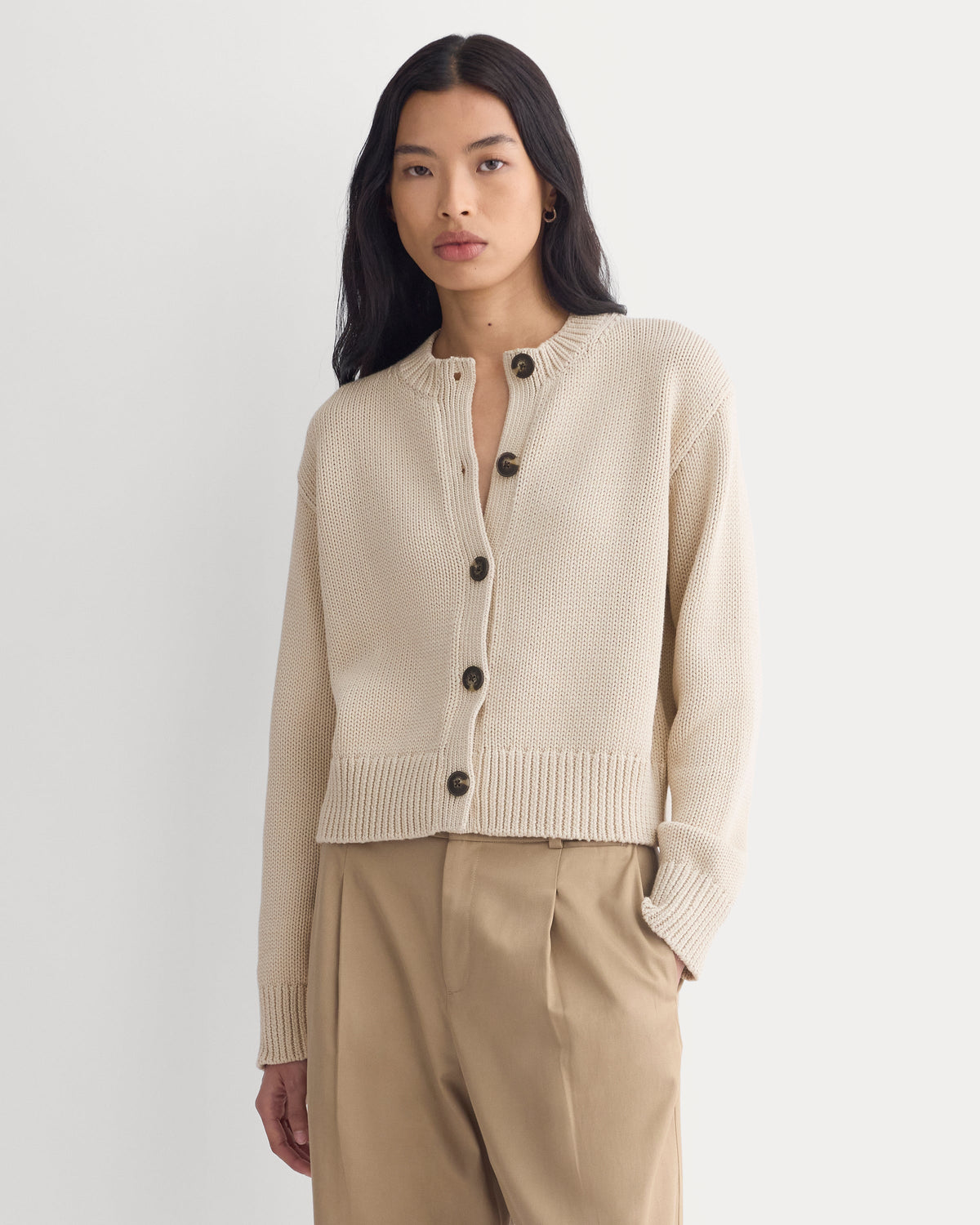 Open-Knit Cardigan Crew in Elevated Cotton in Peyote — front view