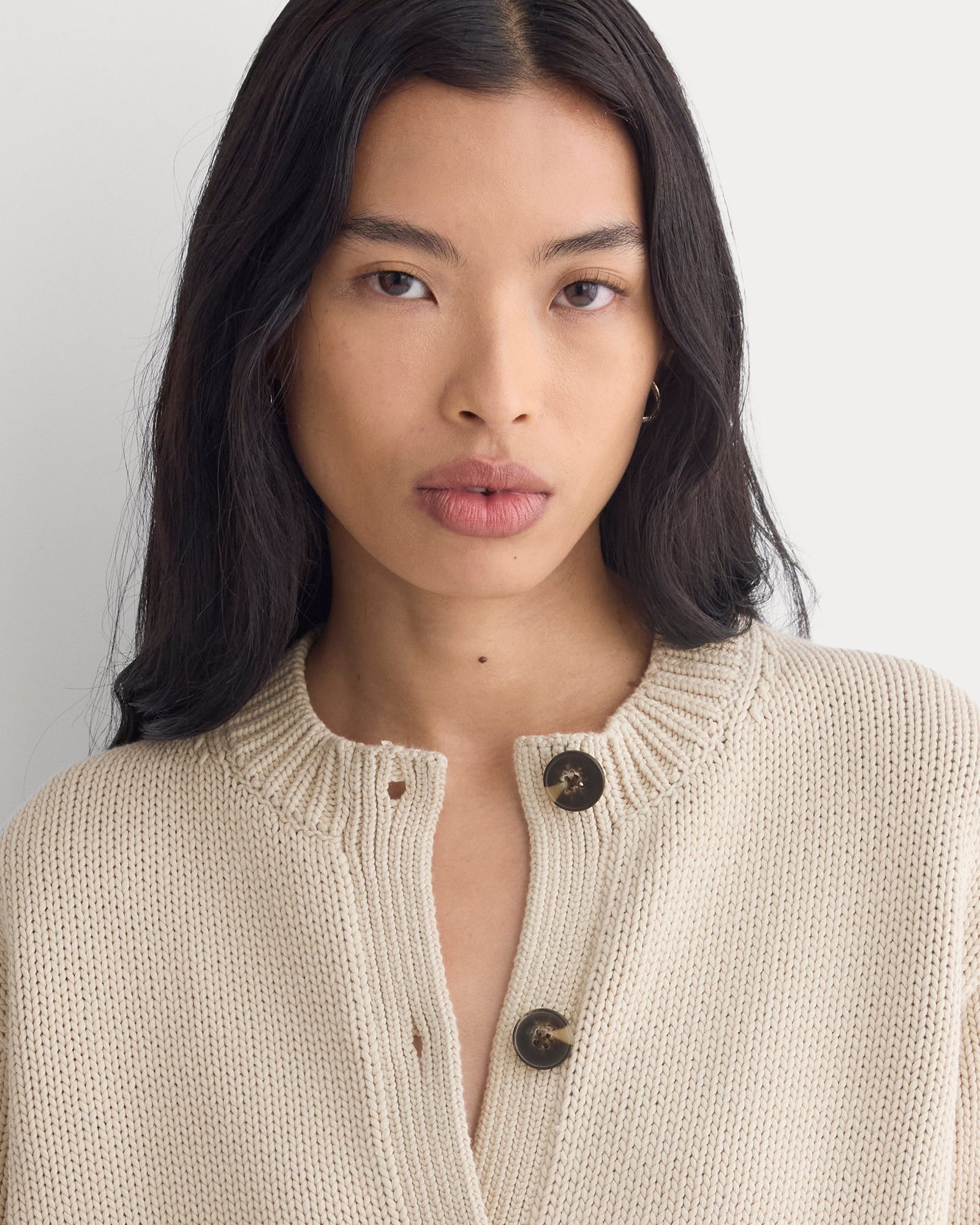 Open-Knit Cardigan Crew in Elevated Cotton in Peyote — detail view