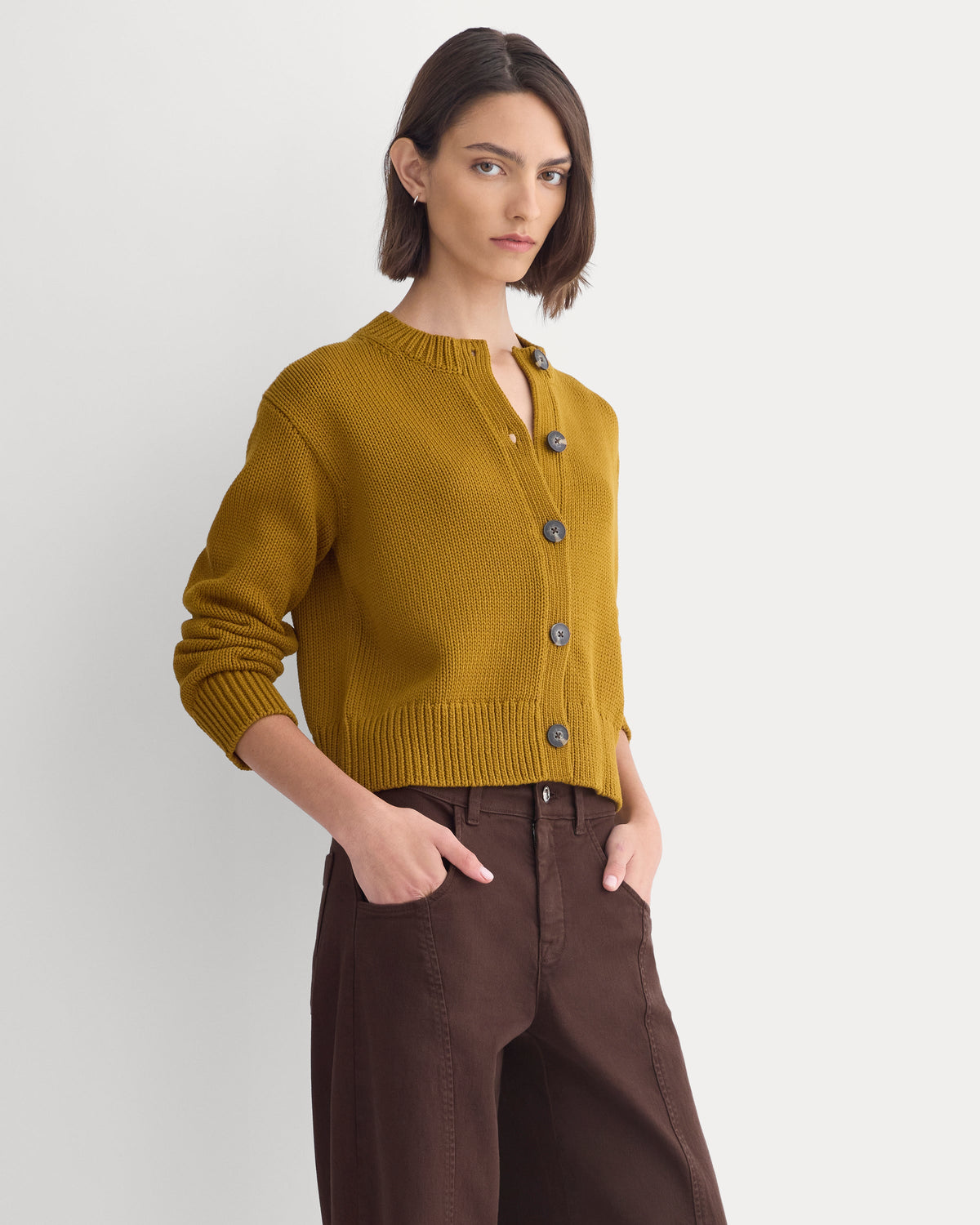 Open-Knit Cardigan Crew in Elevated Cotton in Tapenade — front view