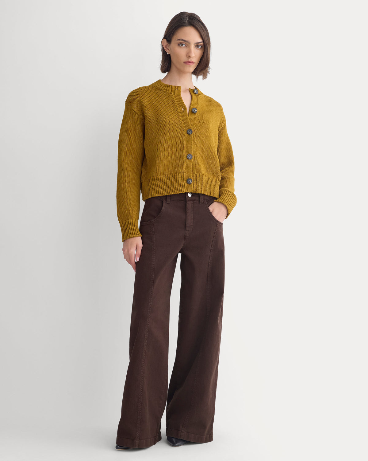 Open-Knit Cardigan Crew in Elevated Cotton in Tapenade — alternate view