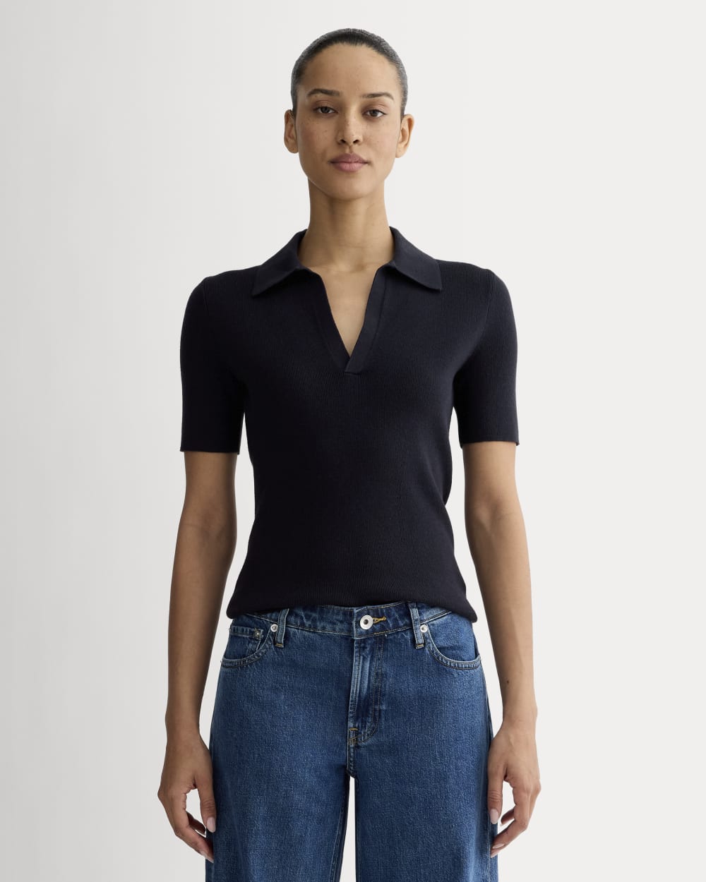 The Knit Polo in Navy — front view