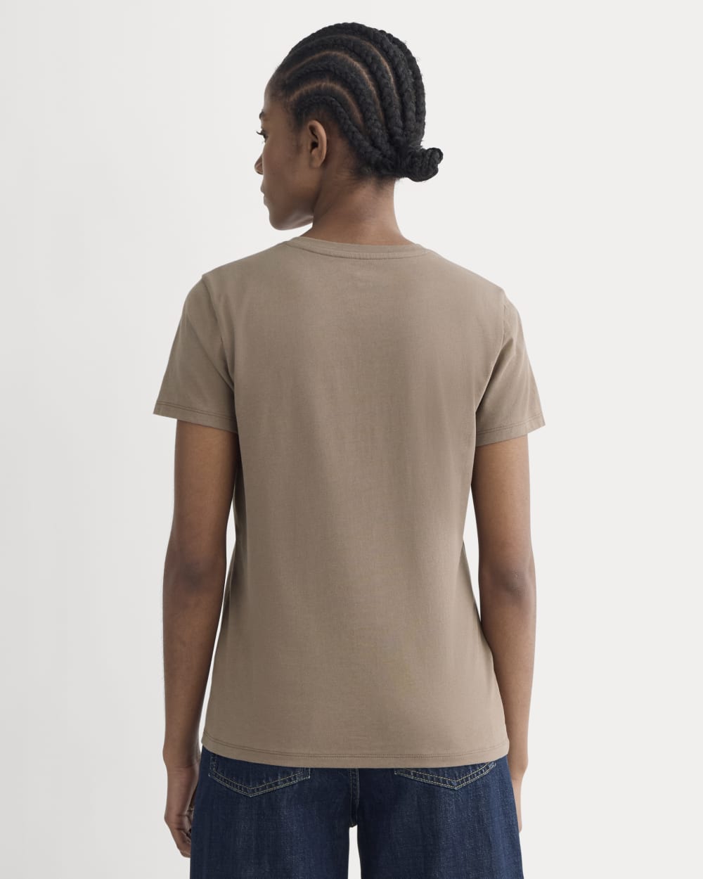 The Slim V-Neck Tee in Essential Cotton in Clay — detail view