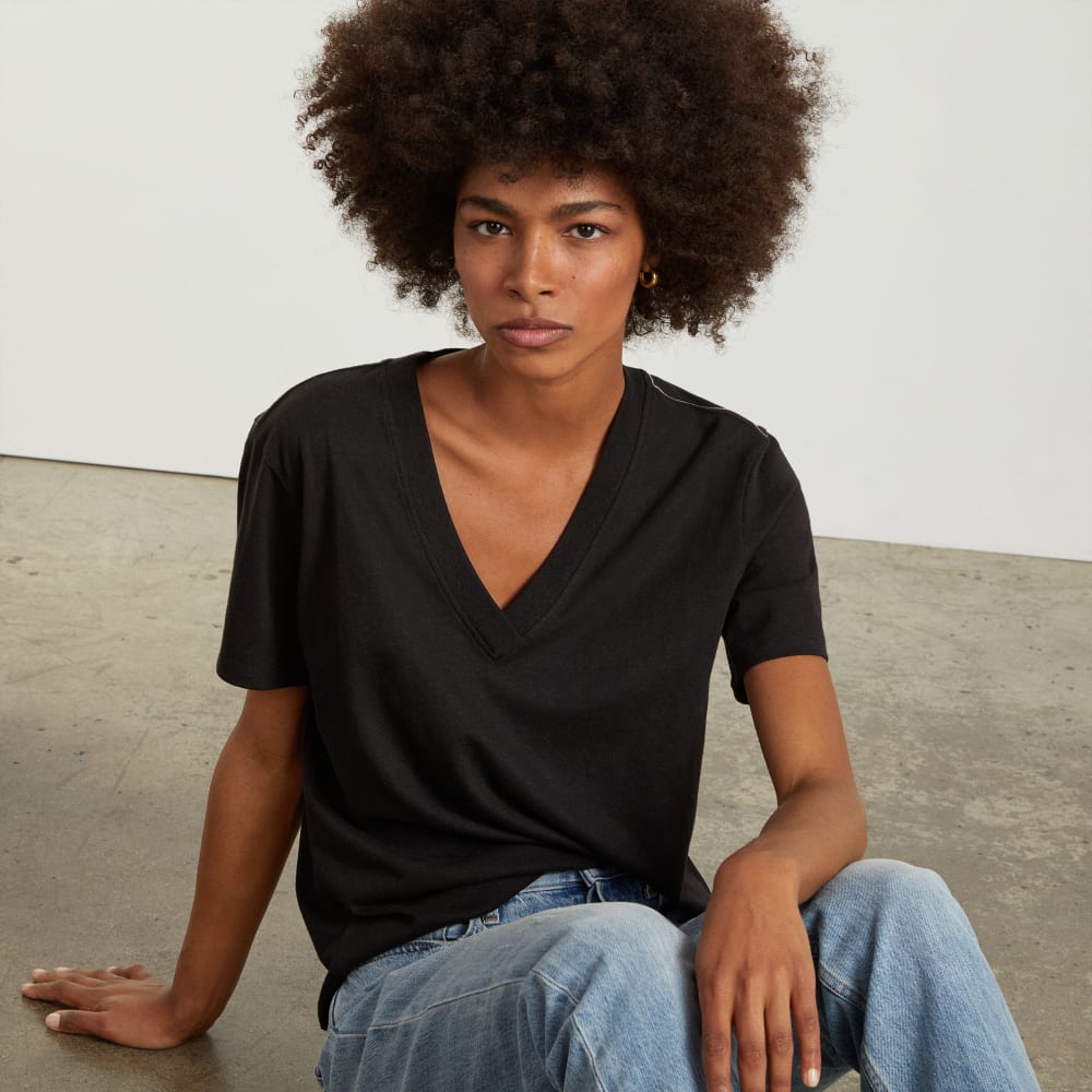 The Vintage V-Neck Hemp Tee in Black — detail view