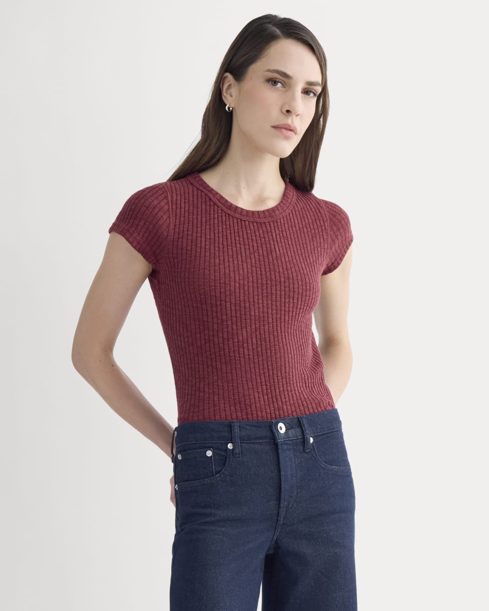 The Cozy Rib Tee in Pomegranate — detail view