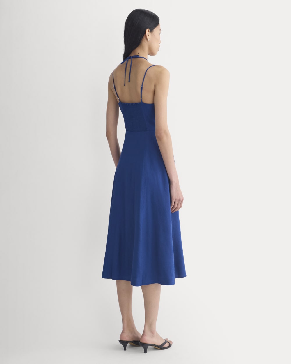 Tie-Neck Dress in Stretch Linen in Estate Blue — detail view