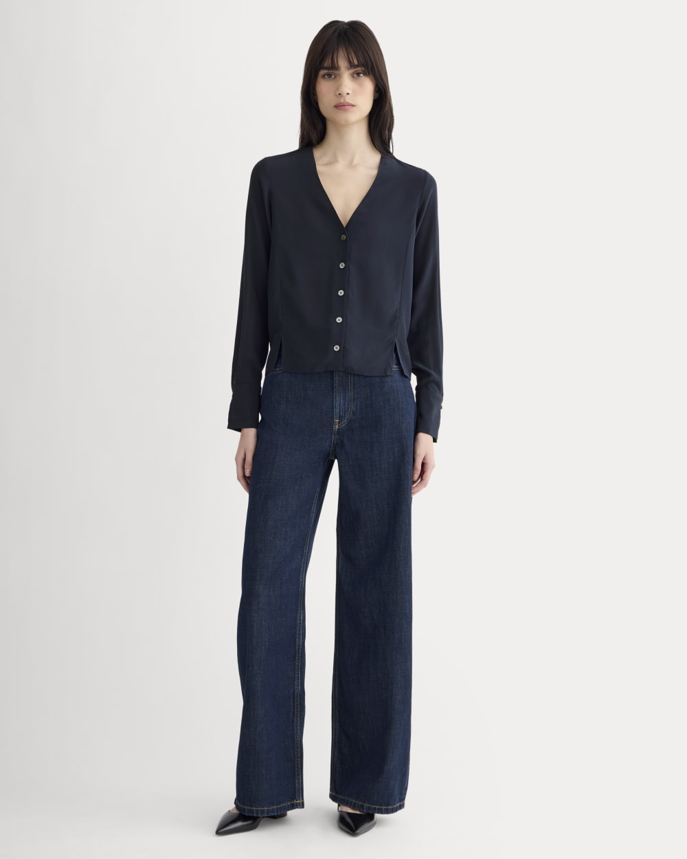 The V-Neck Blouse in Washable Silk in Navy — detail view