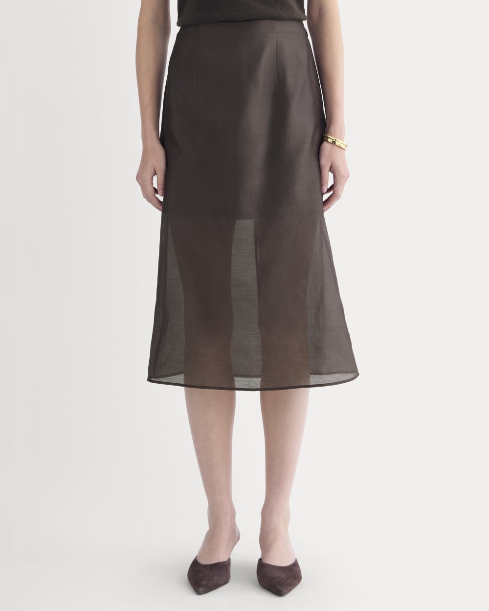 Midi Skirt in Cotton-Silk Organza in Dark Chocolate — detail view