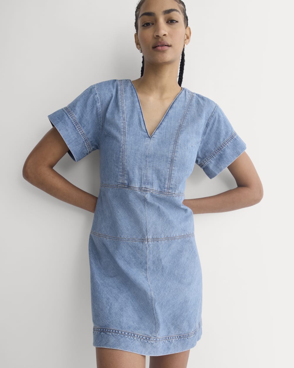 Denim Short-Sleeve Dress in Light Indigo — detail view