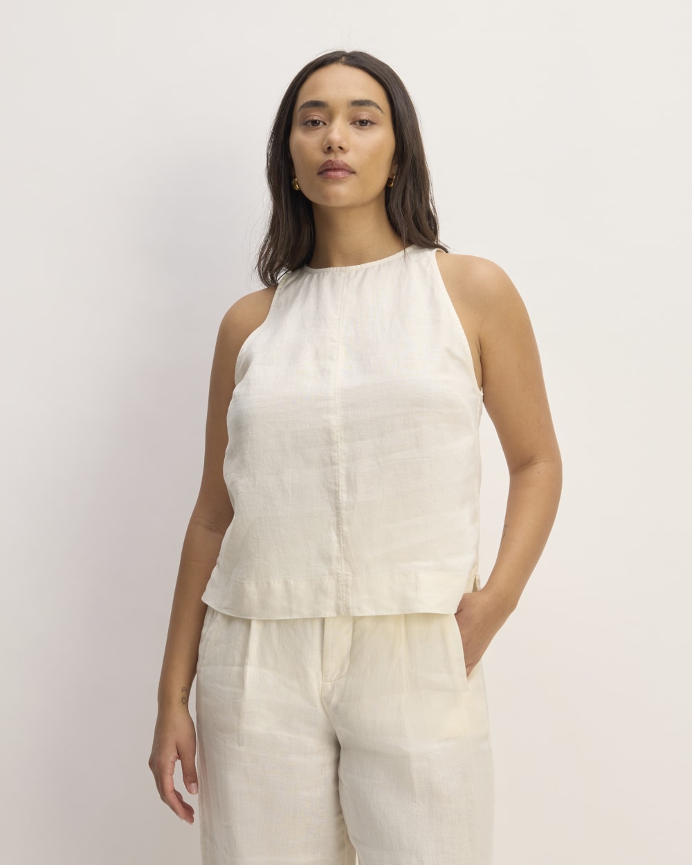 The Linen High-Neck Tank in Bone — front view