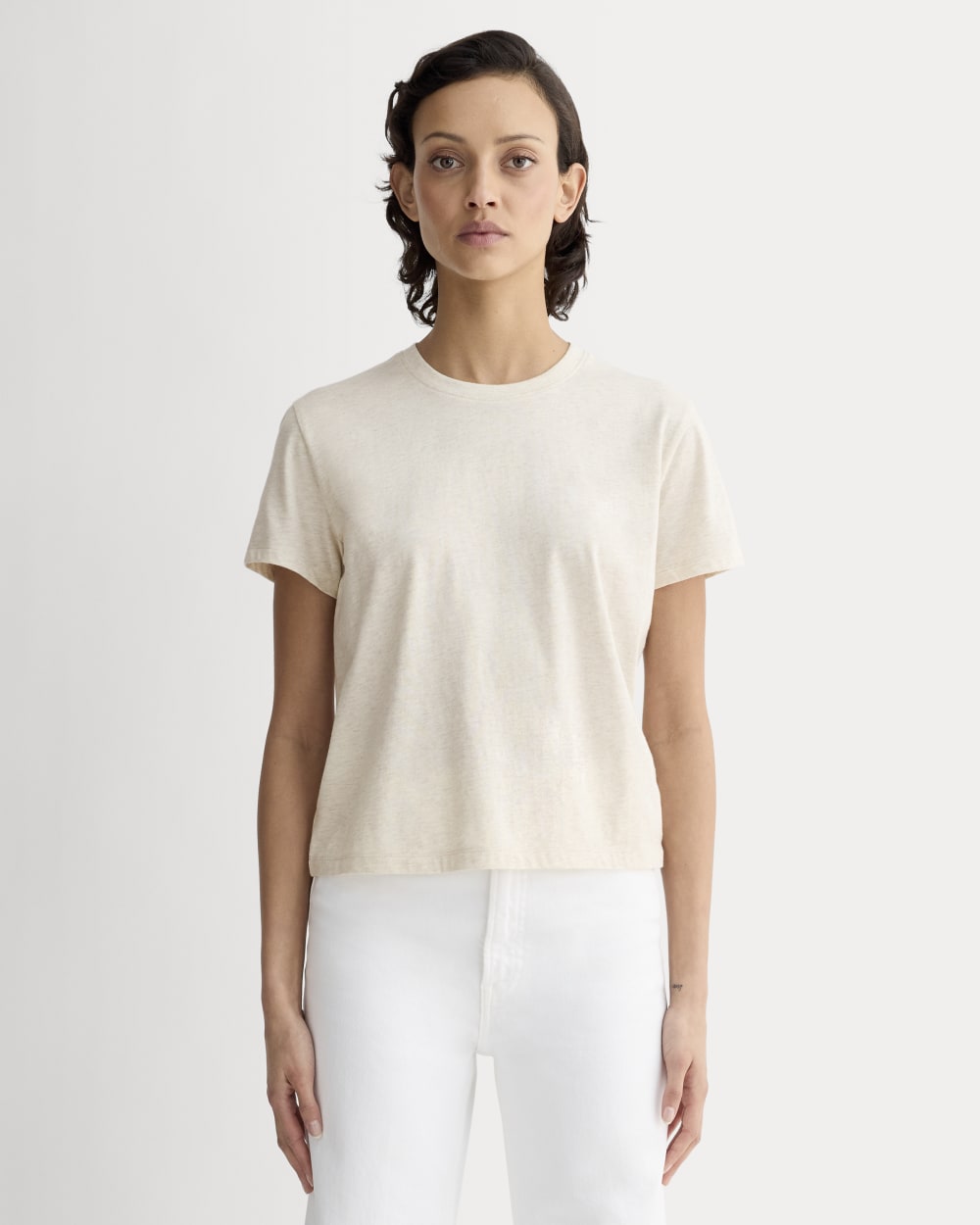 The Box-Cut Tee in Essential Cotton in Heathered Oat — front view