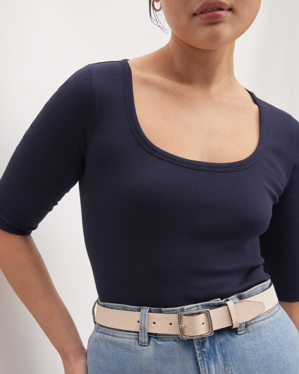 The Luxe Rib Scoop-Neck Tee in Navy — detail view