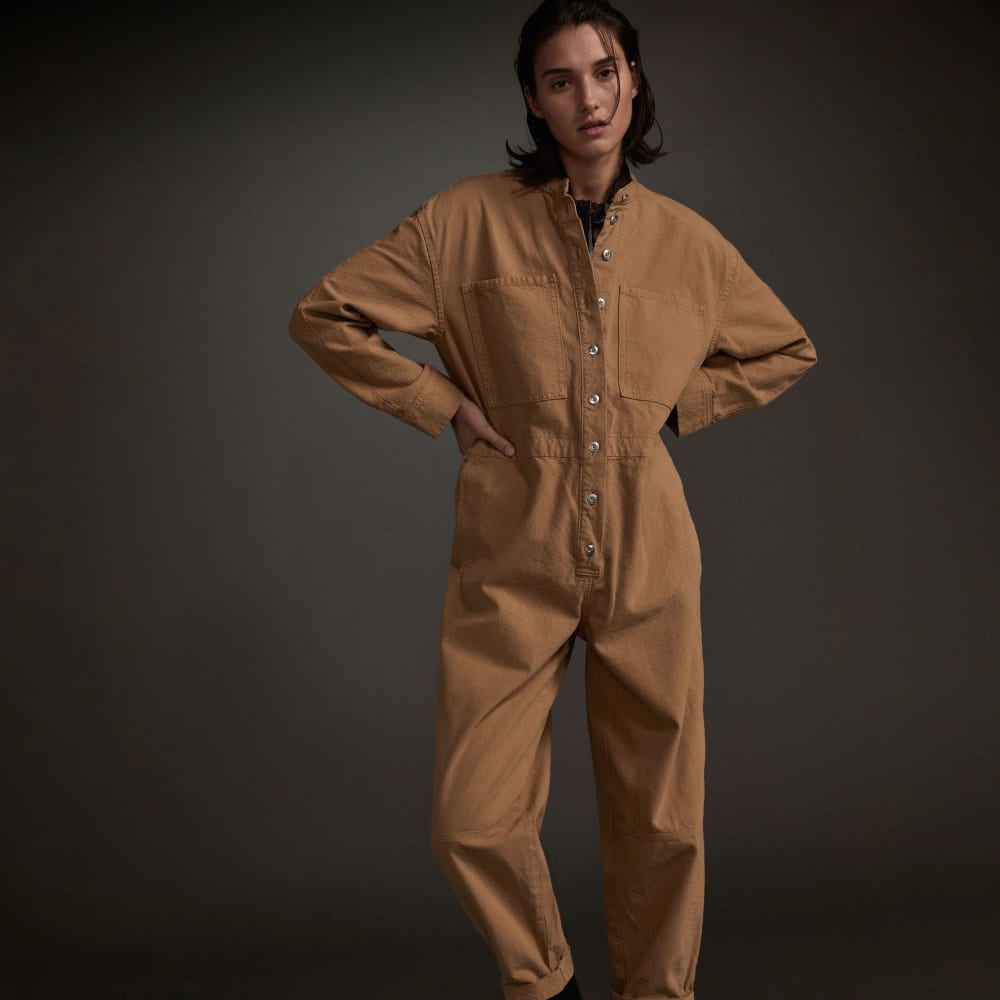 The Canvas Organic Cotton Coverall in Cappuccino — front view