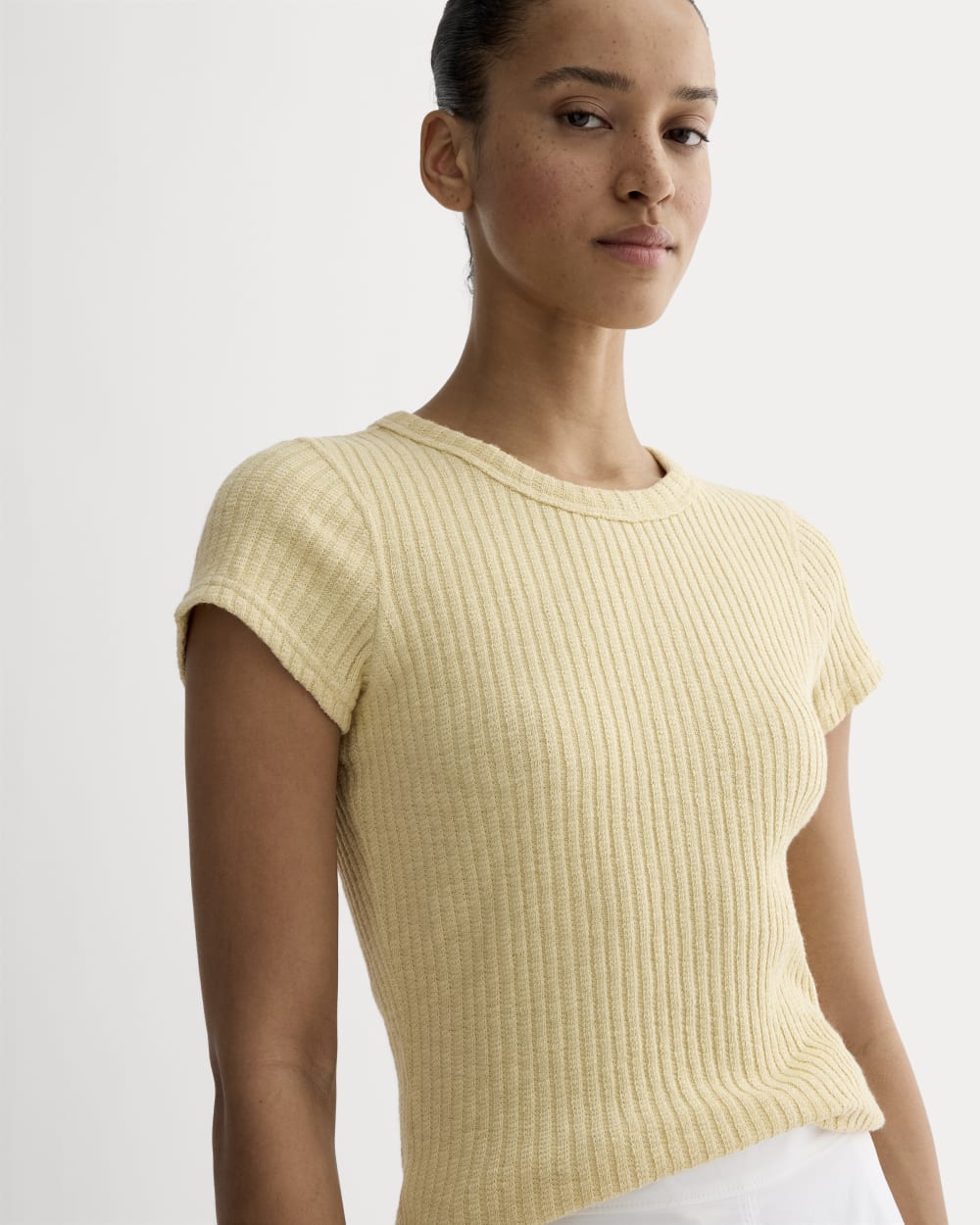 The Cozy Rib Tee in Banana Crepe — detail view