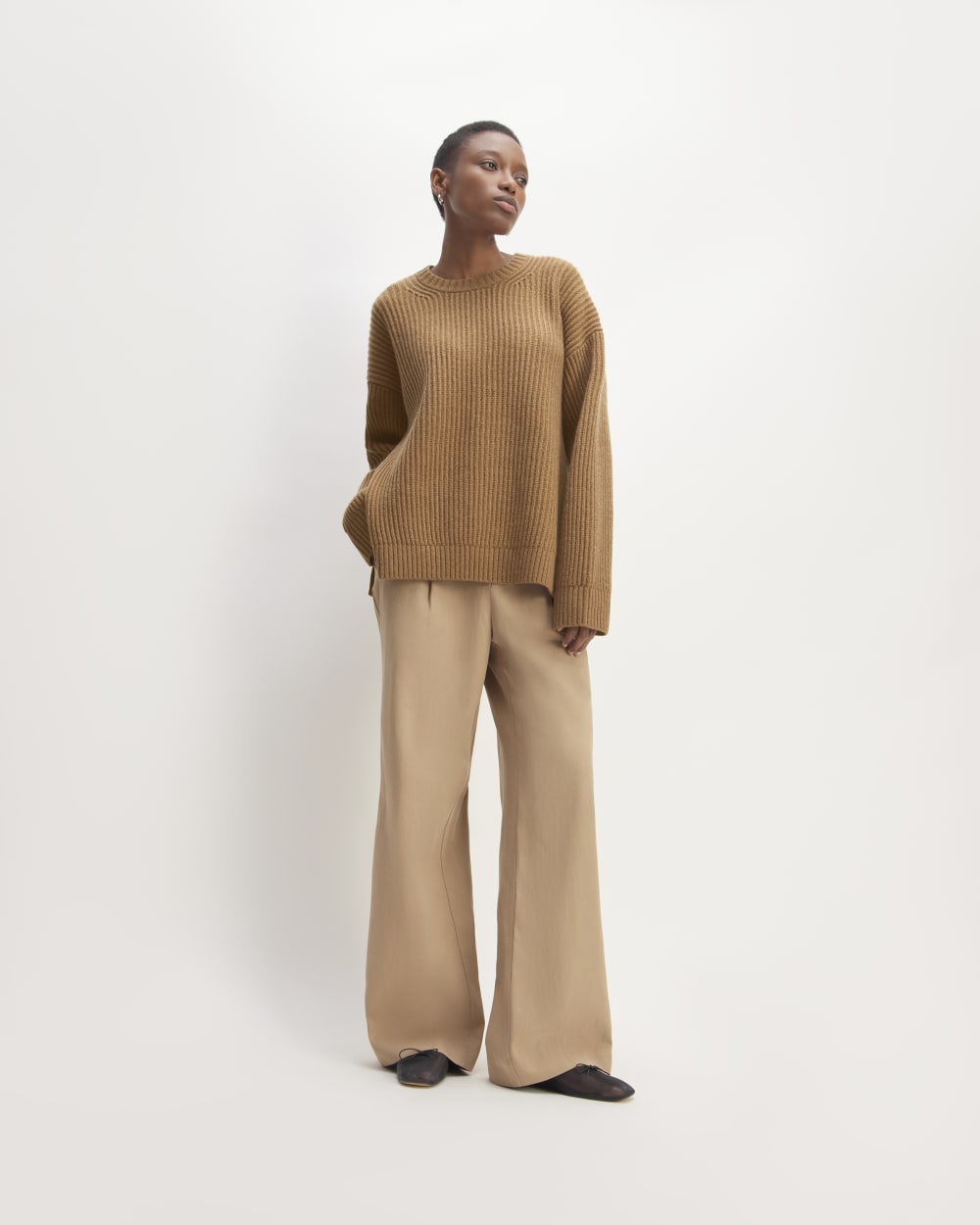 The Oversized Crew in Luxe Merino in Deep Camel — detail view