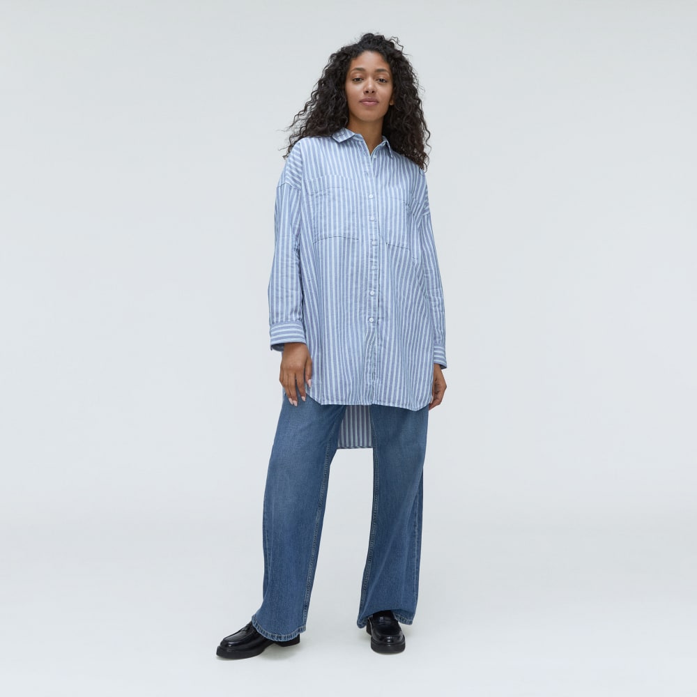 The Way Long Oxford Shirt in Lapis Blue / Bright Jade / Optic White — detail view