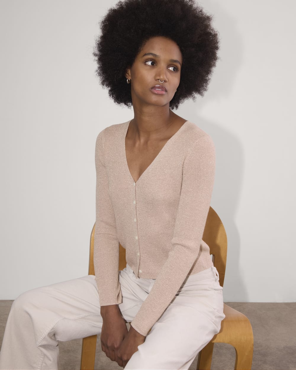 The Cardigan in Lurex Merino in Rose Gold — detail view